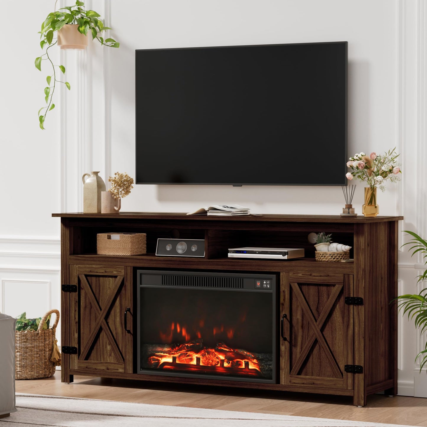 Furmax Farmhouse Fireplace TV Stand for TVs Up to 65 Inch Highboy Entertainment Center with Open Storage and Side Cabinets Rustic Media Console Table with Barn Doors for Living Room (Barnwood)