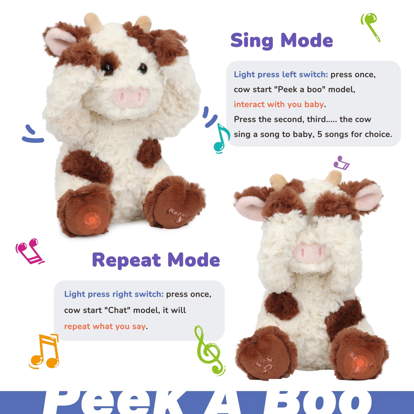 Hopearl Peek A Boo Cow Interactive Repeats What You Say Plush Diary Cattle Toy Musical Singing Talking Stuffed Animal Adorable Electric Animate Gift for Toddlers, Brown, 11''