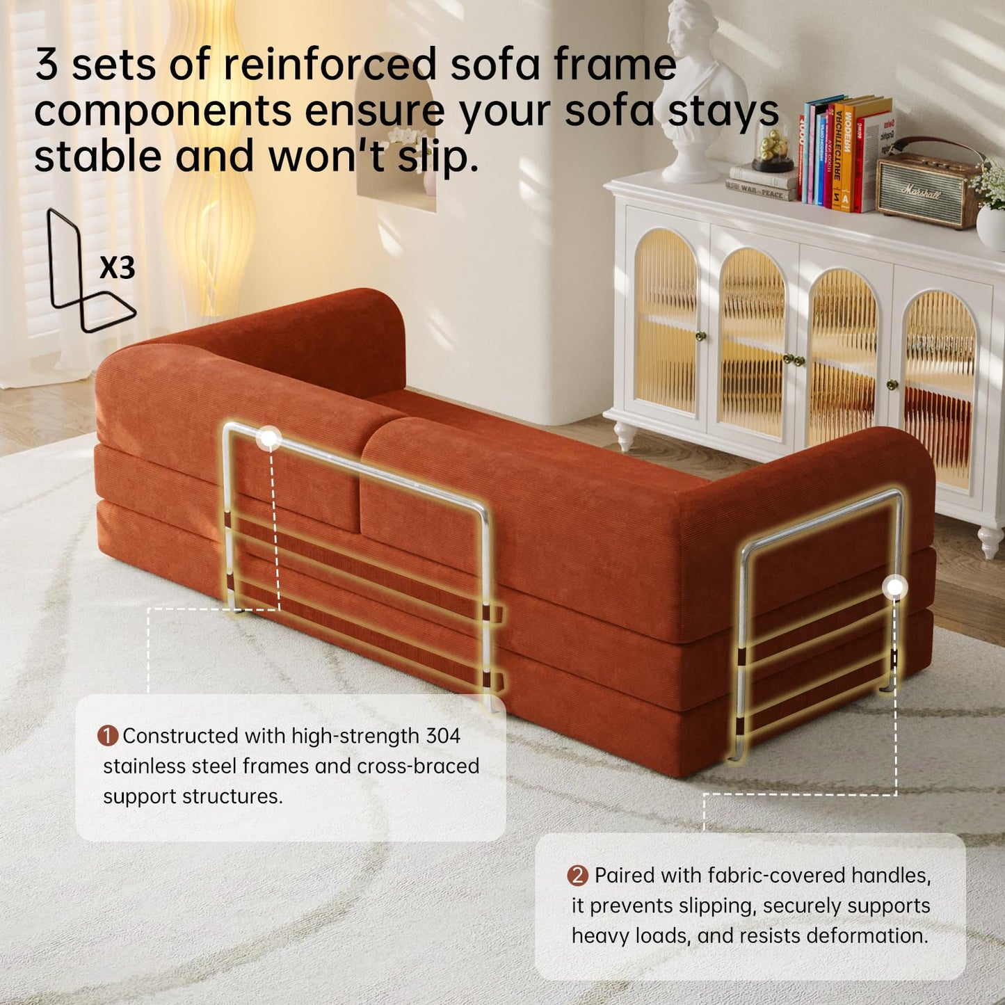 79” Convertible Sofa Bed, 35D High-Density Foam&Corduroy Fabric Sleeper Couch Bed, Fixed-Shape Frame & Removable Armrests,Modular Folding Small Loveseat Futo, Sectional Funto Couch for Small Spaces