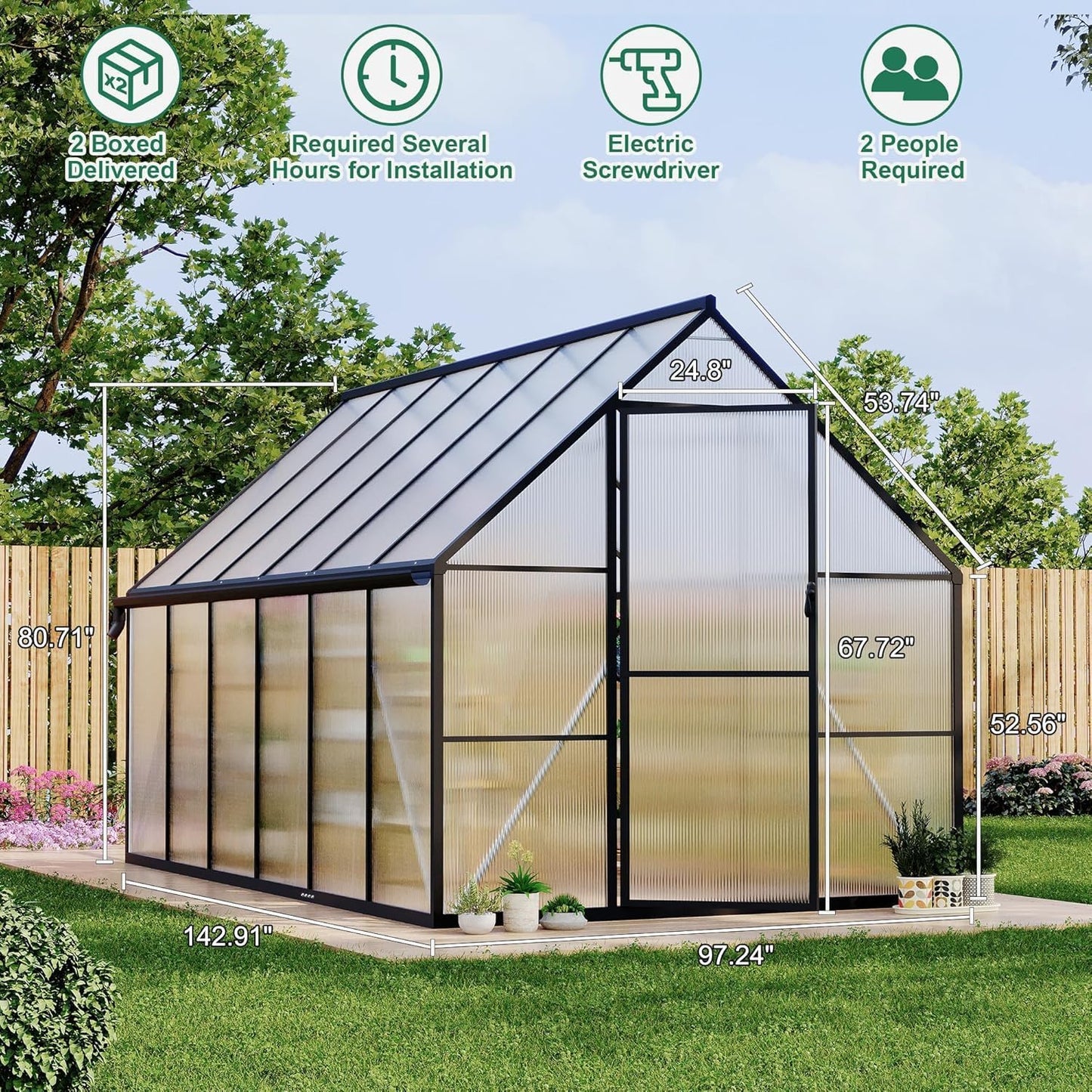 8x12 FT Aluminum Framed Polycarbonate Greenhouse for Outdoors, UV-Blocking Panels, Heavy Duty Structure, Roof Vent, Easy Setup, All-Season Garden Kit