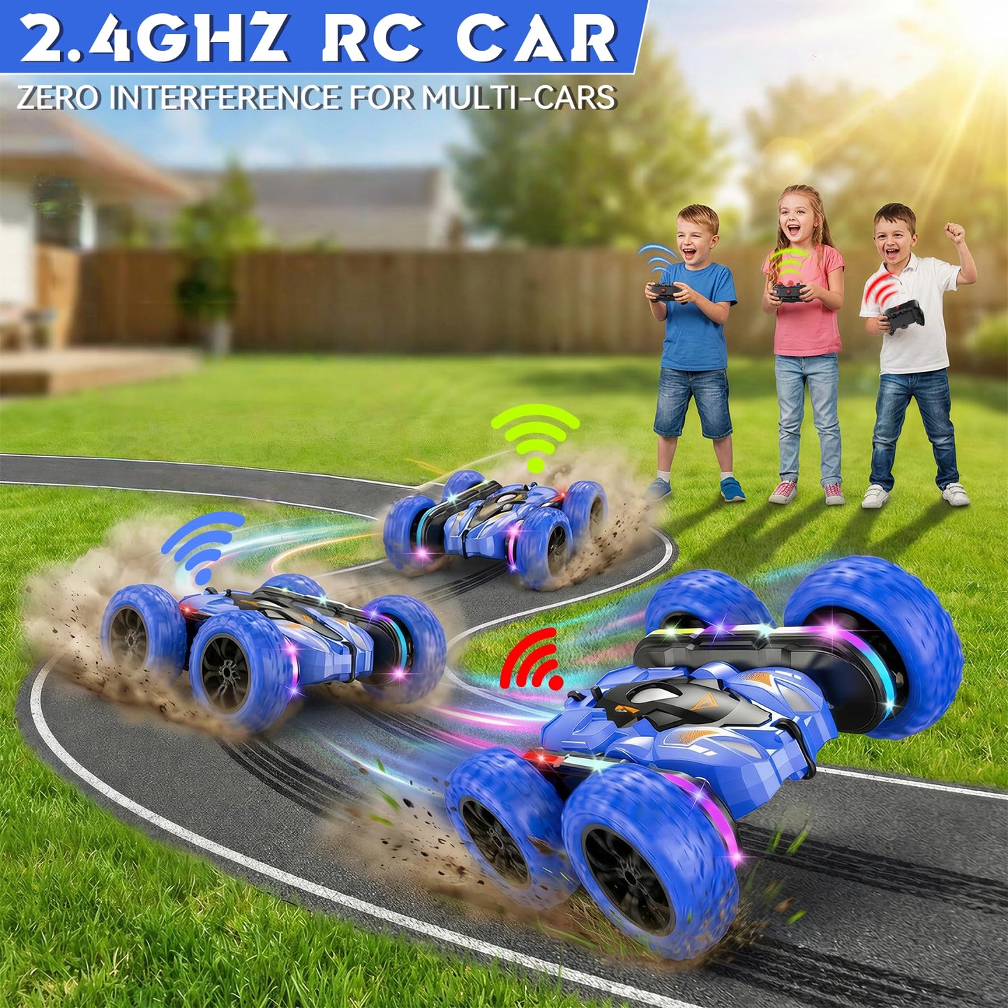 Wedopro RC Car for Boy Ages 6-12: 2 Batteries 360° Stunt Rotating 4WD Remote Control Toy with Headlights, Indoor Outdoor Birthday Gifts for Kids 6 7 8 9 10 11 12, Blue