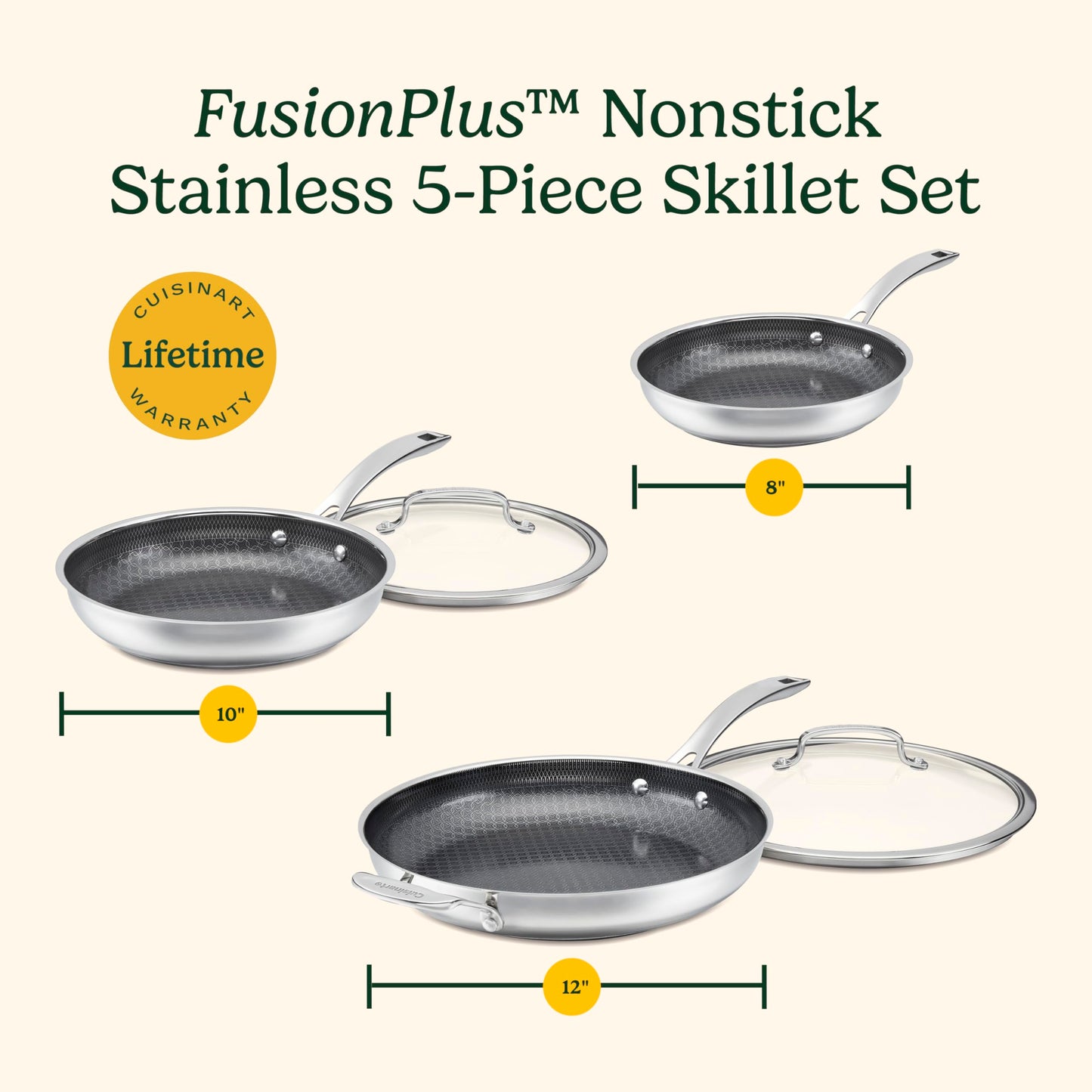 Cuisinart FusionPlus Hybrid Nonstick Stainless Steel Cookware Set, 5-Piece Skillet Cooking Set with PFAS-Free PURELYSEAR Ceramic Non Stick Technology, Scratch Proof, Cool Grip Handles, Dishwasher Safe