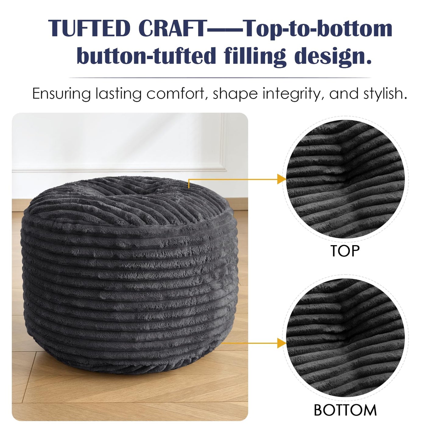SHOUREN Stuffed Round Pouf Ottoman,Corduroy Foot Rest with Shredded Foam Filling, Lightweight and Fluffy Pouf Storage Ottoman for Living Room,Floor Poufs for Couch,20"x15", Dark Grey