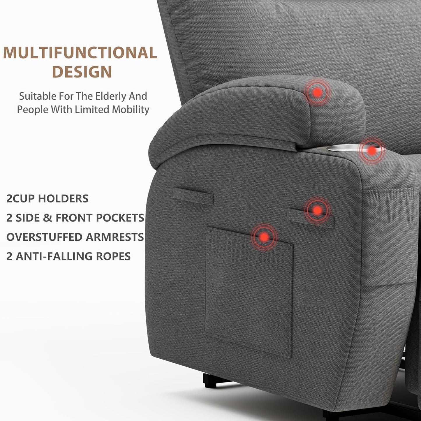 Flamaker Power Lift Chair Massage Recliner Chairs for Elderly - Ergonomic Design with Cup Holders & Side Pockets, Remote Control (Gray)