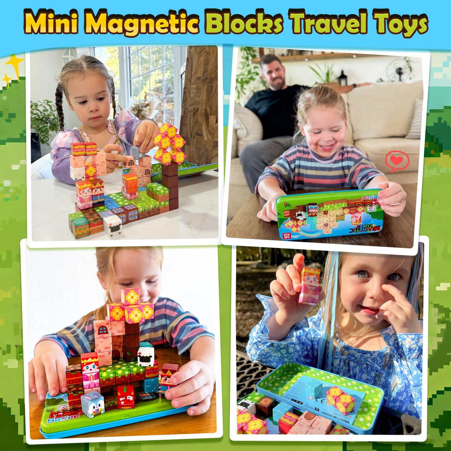 Mini Magnetic Blocks with Case - Portable Building Cubes Travel Toys for Kids Ages 4-8 Construction STEM Learning Set for Toddlers Build Mine Magnet World Christmas Birthday Gift for Boys Girls 3-5