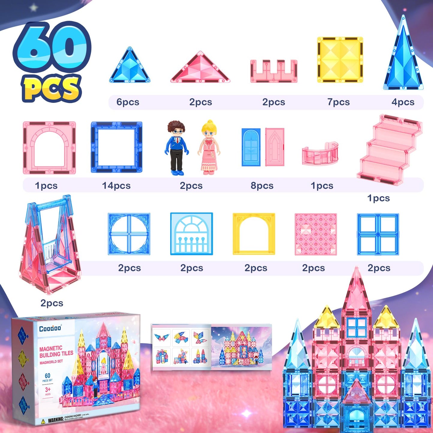 Coodoo Diamond Magnetic Tiles Magnetic Building Blocks STEM Sensory Toy for Boys Girls Pink Castle Dollhouse Pretend Princess Toys for 3 4 5 6 Year Old Girls Toys Birthday Xmas Present