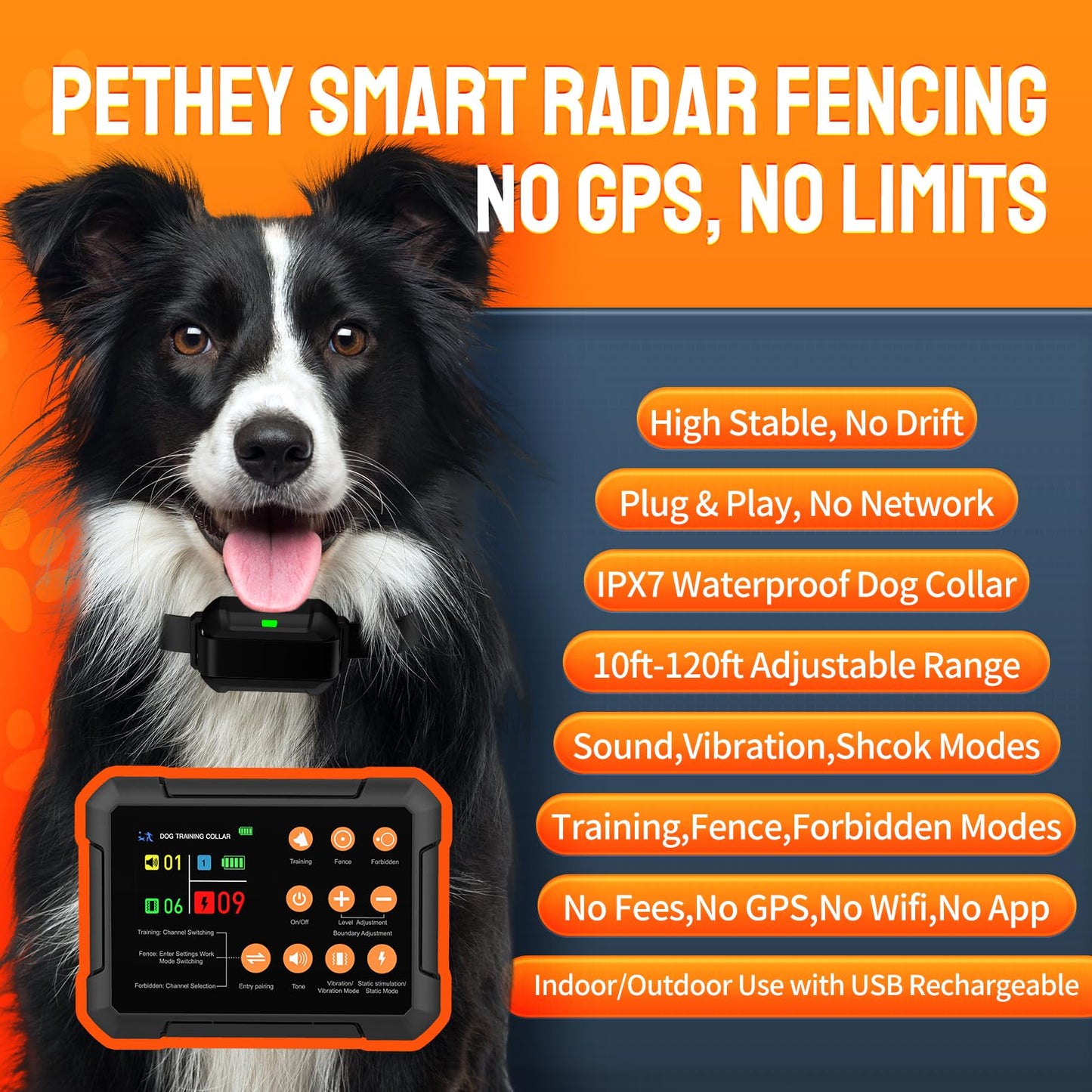 2025 New Model 3-in-1 Wireless Dog Fence System - Radar Dog Fence, Training Collar, No-Go Zones for Large/Medium Dogs | 1-Acre Coverage | Indoor/Outdoor Use | Real-Time Tracking (for 2 Dogs)