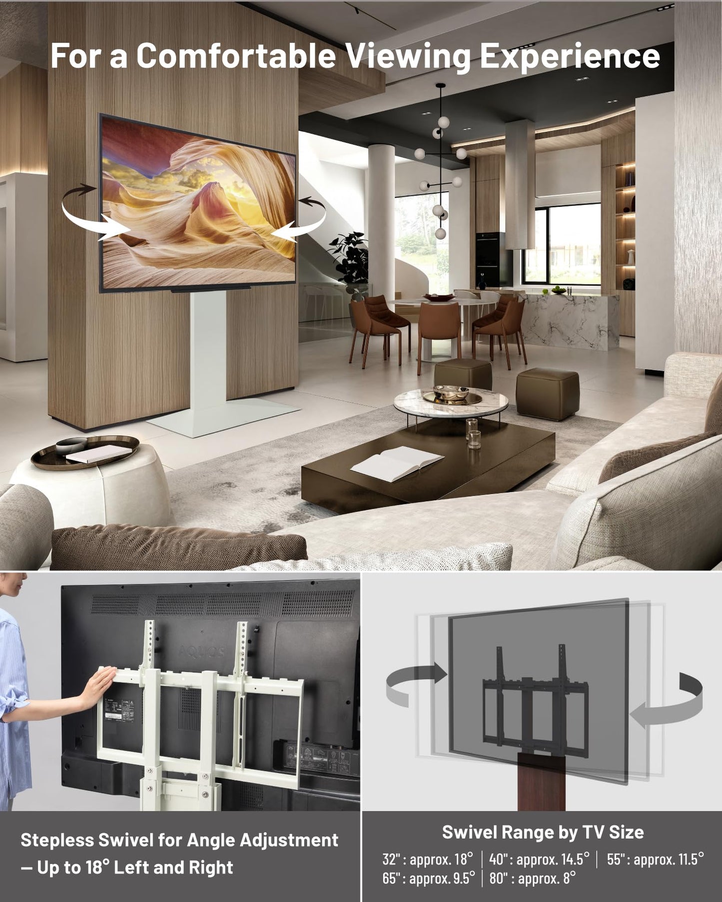 WALL V3SW High Type, Sleek Ultra-Thin Tall TV Stand for 32–80" TVs, Satin White, Swivel Function, Free Standing, Space-Saving Design, for Living Room and Bedroom, No Drill Setup, Japan-Engineered
