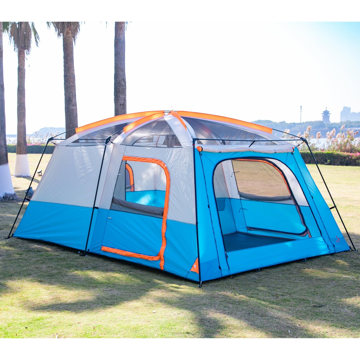 KTT Extra Large Tent 12 Person,Family Cabin Tents,2 Rooms,3 Doors and 3 Windows with Mesh,Straight Wall,Waterproof,Double Layer,Big Tent for Outdoor,Picnic,Camping,Family Gathering(Blue)