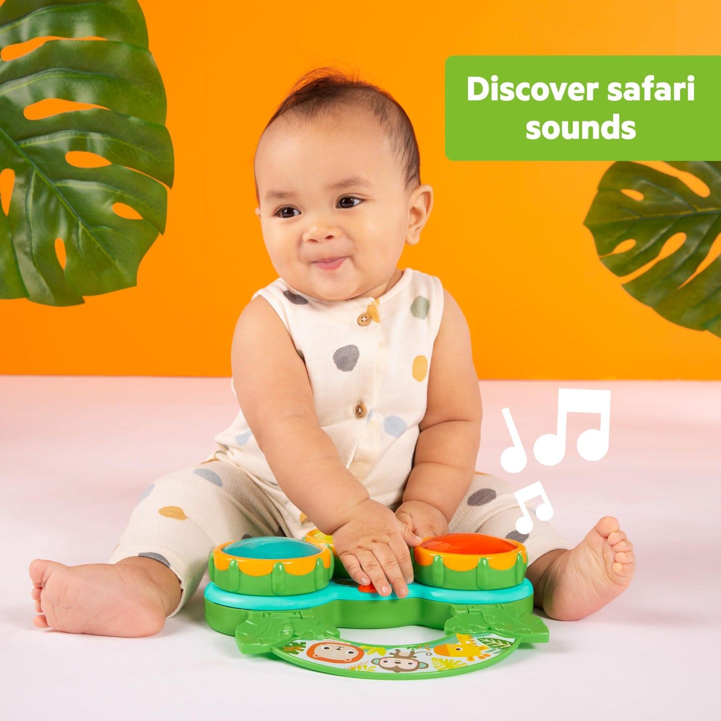 Bright Starts Safari Sounds Gift Set, 2-PK Baby Toys for On The Go, Musical Drum Toy and Car Keys Toy with Car Sounds, Unisex Jungle Theme, 3-6 Months and Up