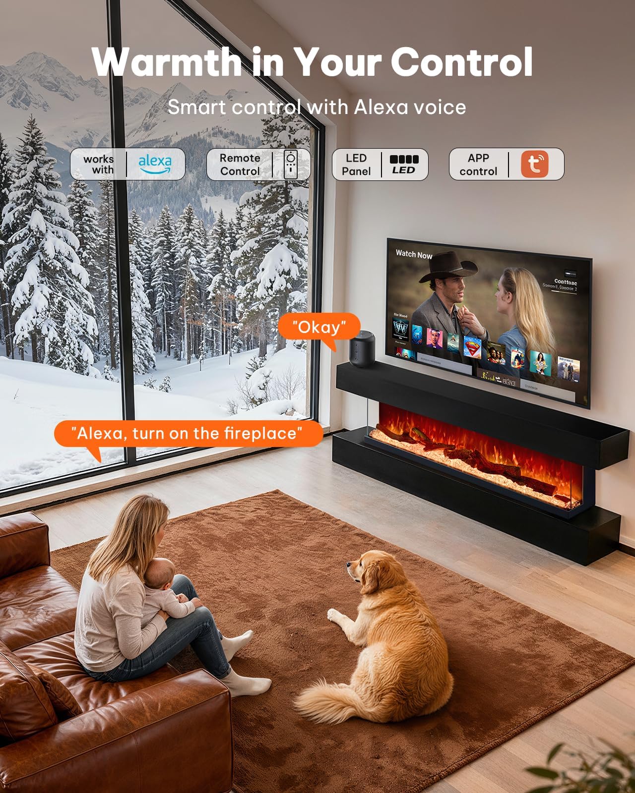 Silonn 3-Sided Smart 50" Electric Fireplace, Alexa & App Control Fireplace with 15 Flame Colors, Electric Fireplace Inserts Logs, 5110 BTU Heat Output, Realistic Flame and Sound