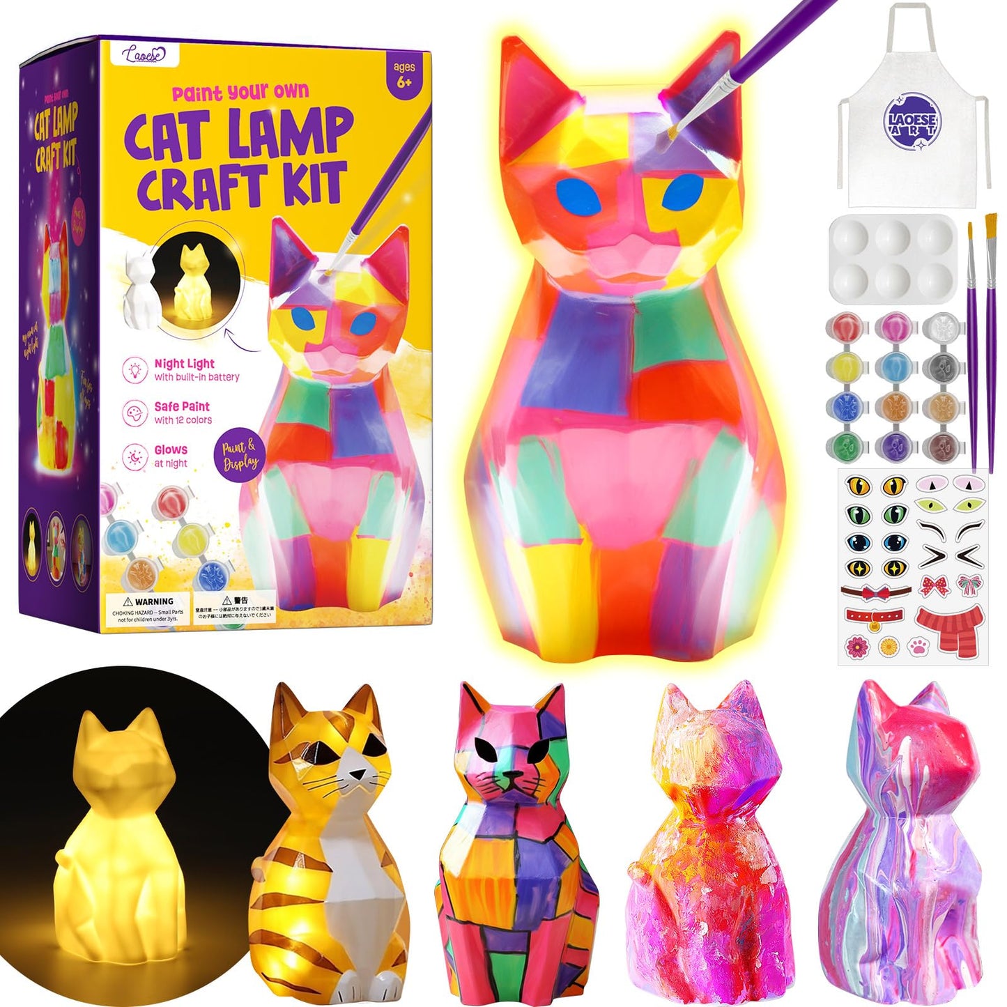 LAOESE Paint Your Own Cat Lamp Kit, Arts and Crafts for Kids Ages 8-12, Art Supplies Painting kit for Kids 6-12, Cat Night Light Toys Girls Boy Birthday Gifts for Kids Ages 3 4 5 6 7 8 9 10 11 12+