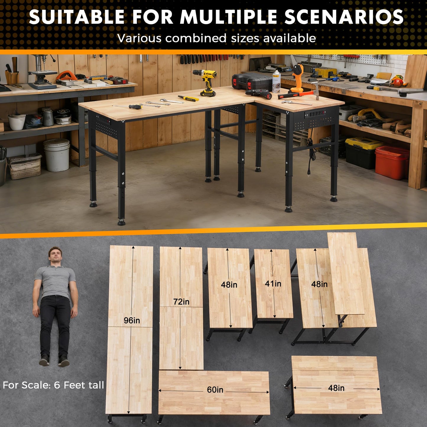 48" Adjustable Workbench with Rubberwood Top & Power Outlet,Large 48 x 24 Inch 9-Level Height Range 27"-37", 2000 LBS Heavy Duty Capacity for Workshop, Office, Garage, Home