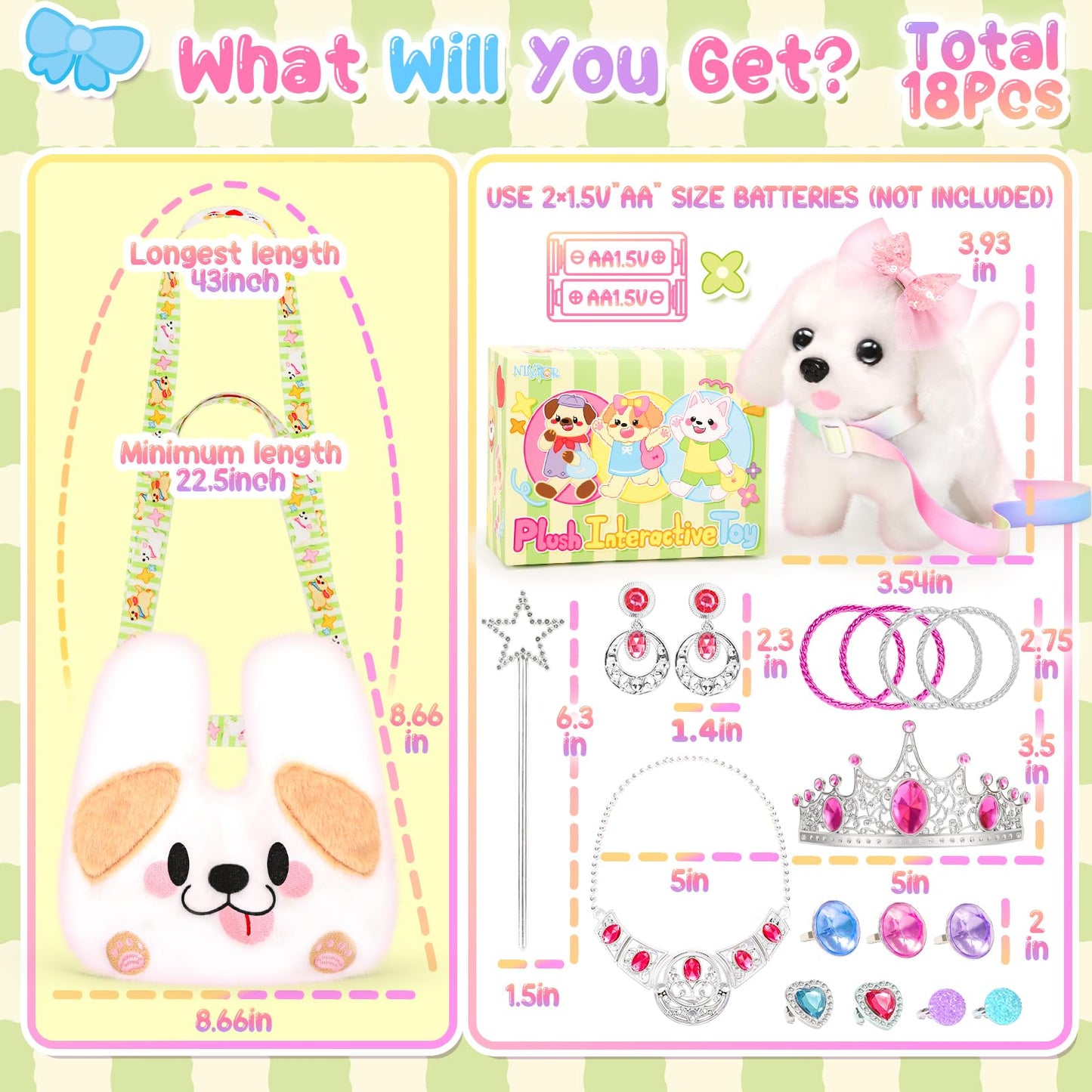 NINAOR Plush Dog Toys for Kids with Crossbody Bags Princess Jewelry, Robot Puppy with Leash Walking Barking, Pretend Play Dress Up Interactive Stocking Stuffers for Toddler Girl Toys Birthday Gifts