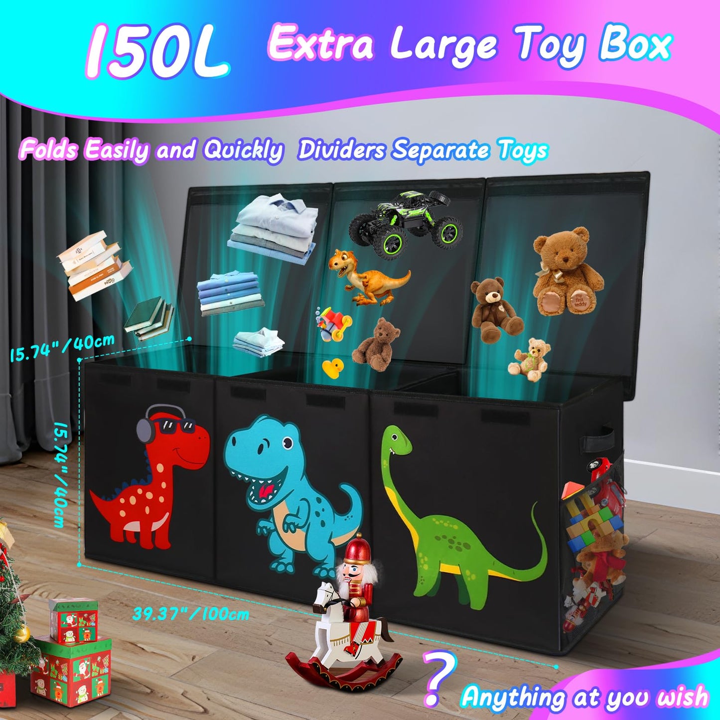 Mabahoo Extra Large Toy Box Chest, Collapsible Sturdy Kids Storage Organizer Bins with Lids, Black Dinosaur Toy Chest for Boys Girls, 40"x16"x16" Toy Storage Bin Boxes for Playroom Bedroom Nursery