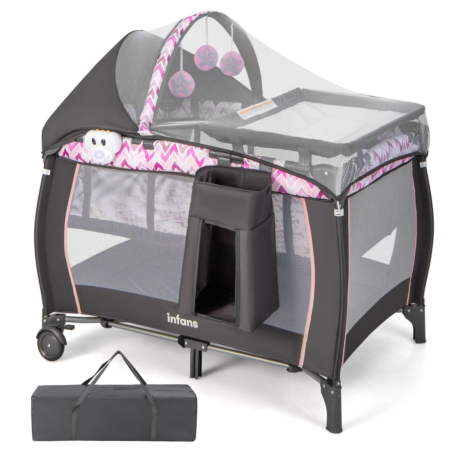 INFANS 4 in 1 Pack and Play, Portable Travel Baby Playard with Bassinet, Changing Table, Canopy, Mosquito Net, Hanging Toys, Music Box, Storage Bag, Large Playpen from Newborn to Toddlers (Pink)