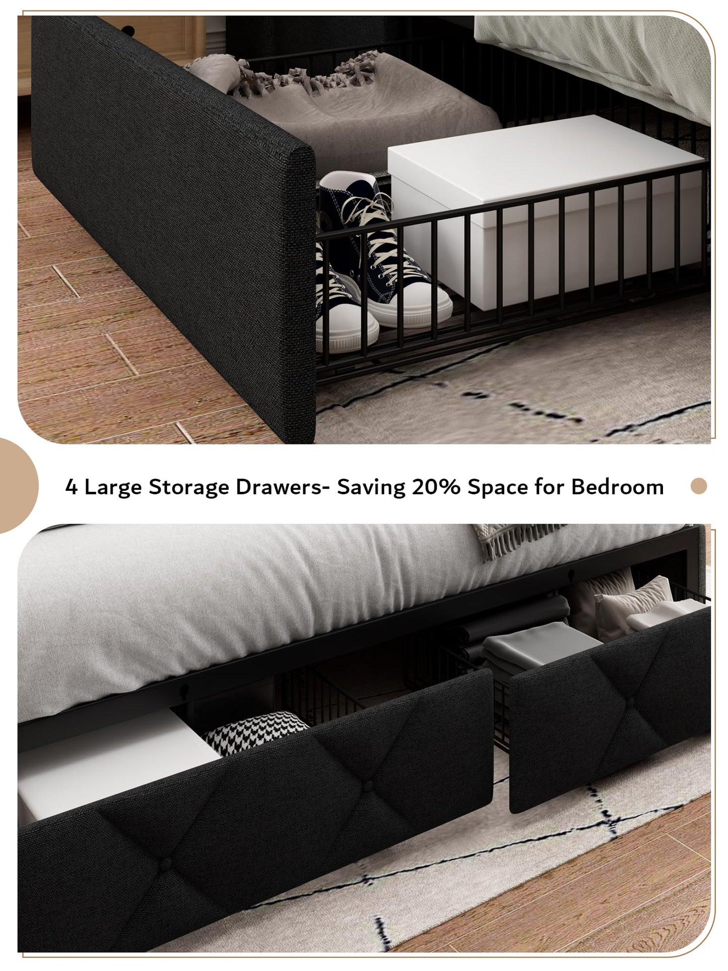 iPormis Queen Bed Frame with 4 Storage Drawers, Upholstered Platform Bed Frame with Charging Station, Modern Wingback Storage Headboard, Easy Assembly, Black