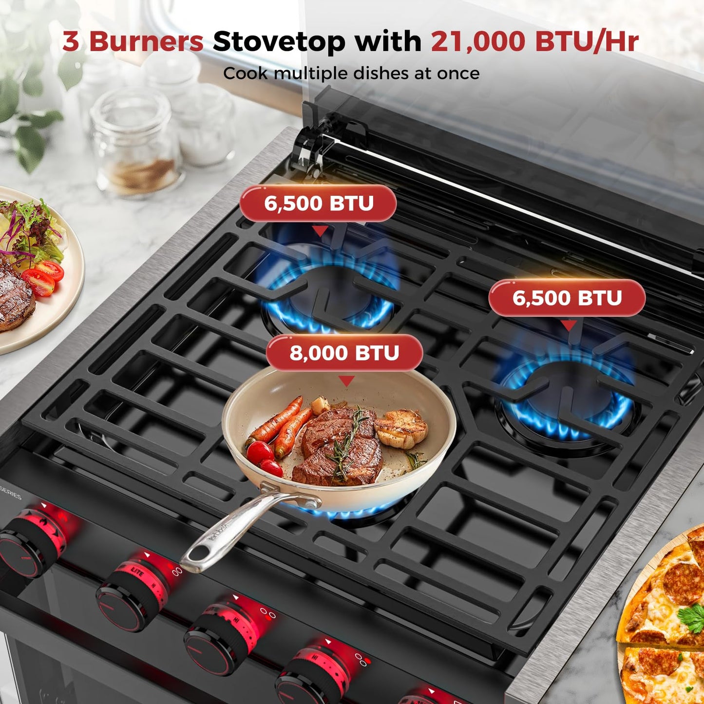 CAMPLUX Elite 21-Inch RV Stove Oven Combo with Flame Failure Protection, 1.8 Cu.ft RV Propane Oven with 3 Burners Cooktop, 28,100 BTU, Slide-In RV Range Oven for Camper, Trailer, Black