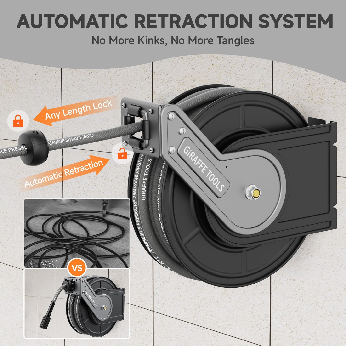 Giraffe Tools Pressure Washer Hose Reel, 1/4" × 60ft Auto Rewind Hose Reel, Wall/Floor Mounted with Adjustable Guide Arm, 4000 PSI