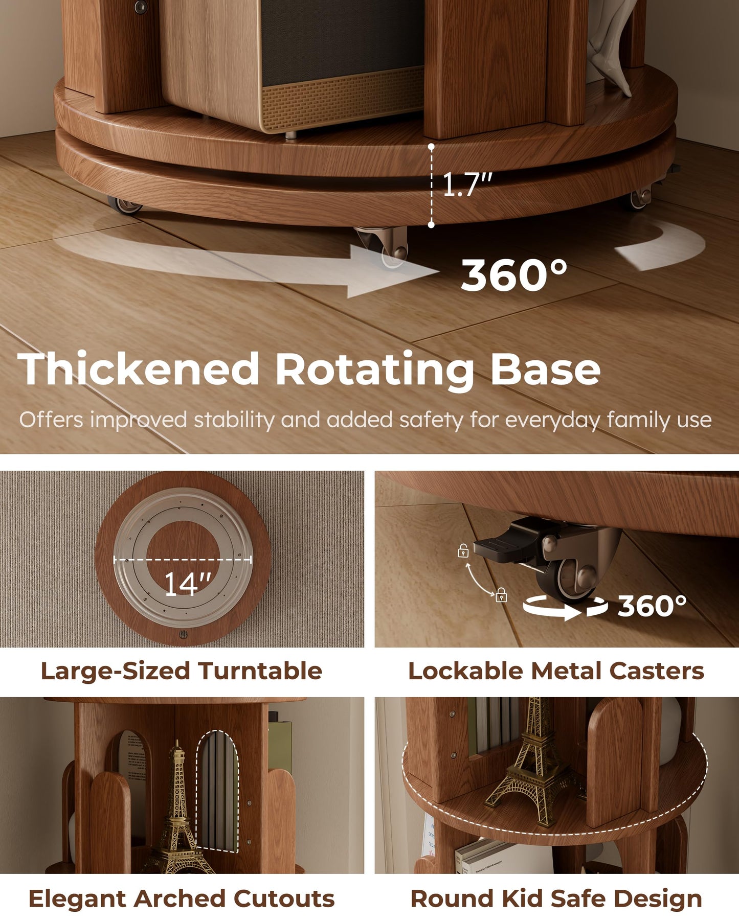 DONGMUWUJEE Solid Wood Rotating Bookshelf Tower, 6 Tier Corner Bookshelf with Bookends, Kids Spinning Book Shelf with Wheels, Revolving Bookcase Shelf, Tall Narrow Bookshelves for Small Spaces, Walnut