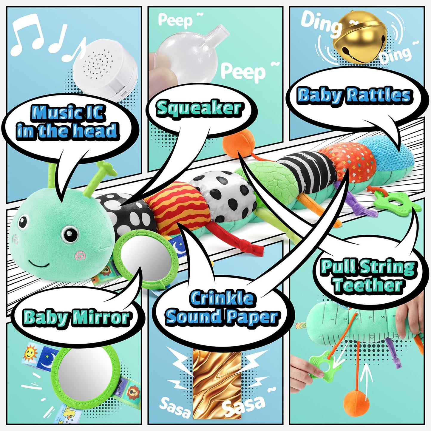 LIGHTDESIRE Baby Toys 6-12 Months Musical Caterpillar,Infant Toys 0-6 Months Sensory Toy with Ruler Design,Mirror,Pull String,Crinkle&Rattles,Baby Teething Toy for Tummy Time Boy Girl Gifts (Ice Blue)