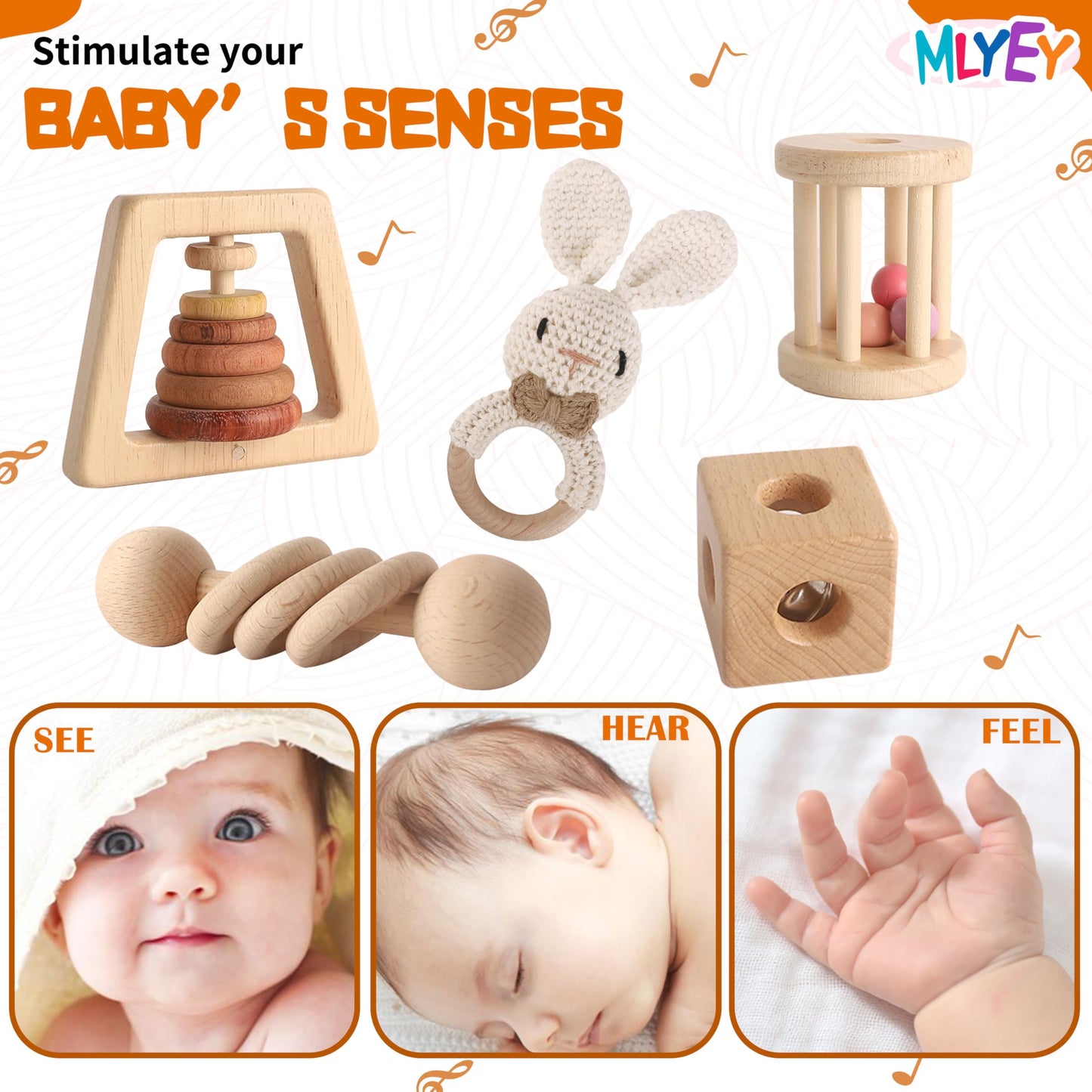 Wooden Toys for Babies, 7PCS Wooden Baby Rattle for 7-24 Months Boys Girls, Natural Wood Montessori Toys Set with Crochet Rabbit Rattle for Infant Grasping, Gift for Baby