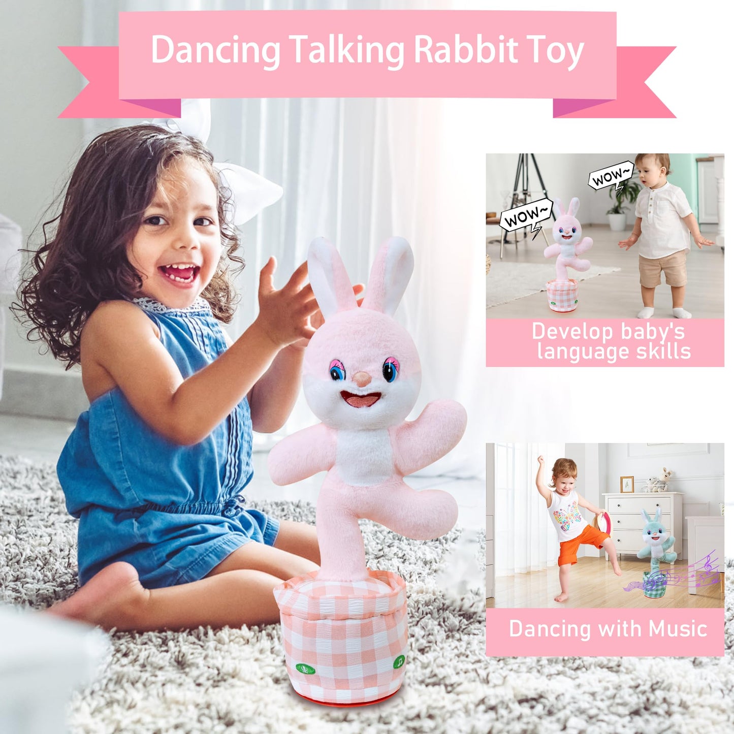 Talking Dancing Bunny Baby Toy for Kids Interactive Plush Toddlers Toys Talking Bunny Repeats What You Say Realistic Plush Educational Toy Teen Easter Bunny Basket stuffers Gifts Girls Boys Birthday