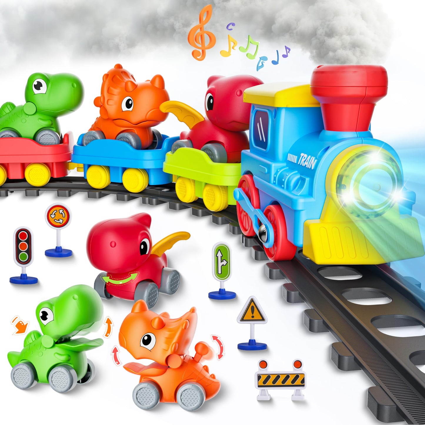 Train Set for Toddlers w/Steam, Music & Lights - Electric Train Toys for Kids w/Tracks Accessories, Including 3 Dinosaur Car and 3 Trailer, Christmas Birthday Gifts for 1-3 4 5 6+ Years Old Boys Girls