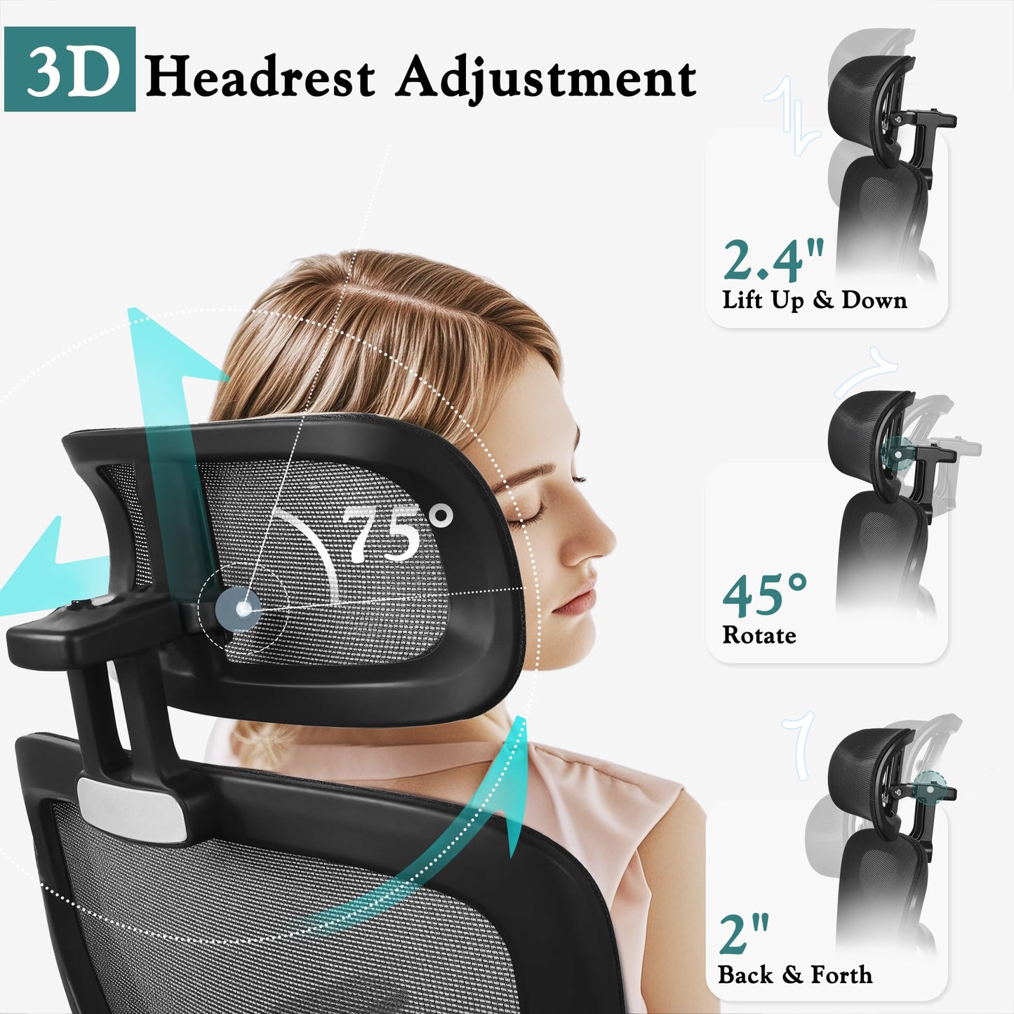 VECELO High Back Ergonomic Office Chair, Big and Tall Mesh Desk Chair with Wheels, Tilt Function, 3D Headrest, Lumbar Support, Swivel Rolling Computer Chair for Task, Home Office, Black