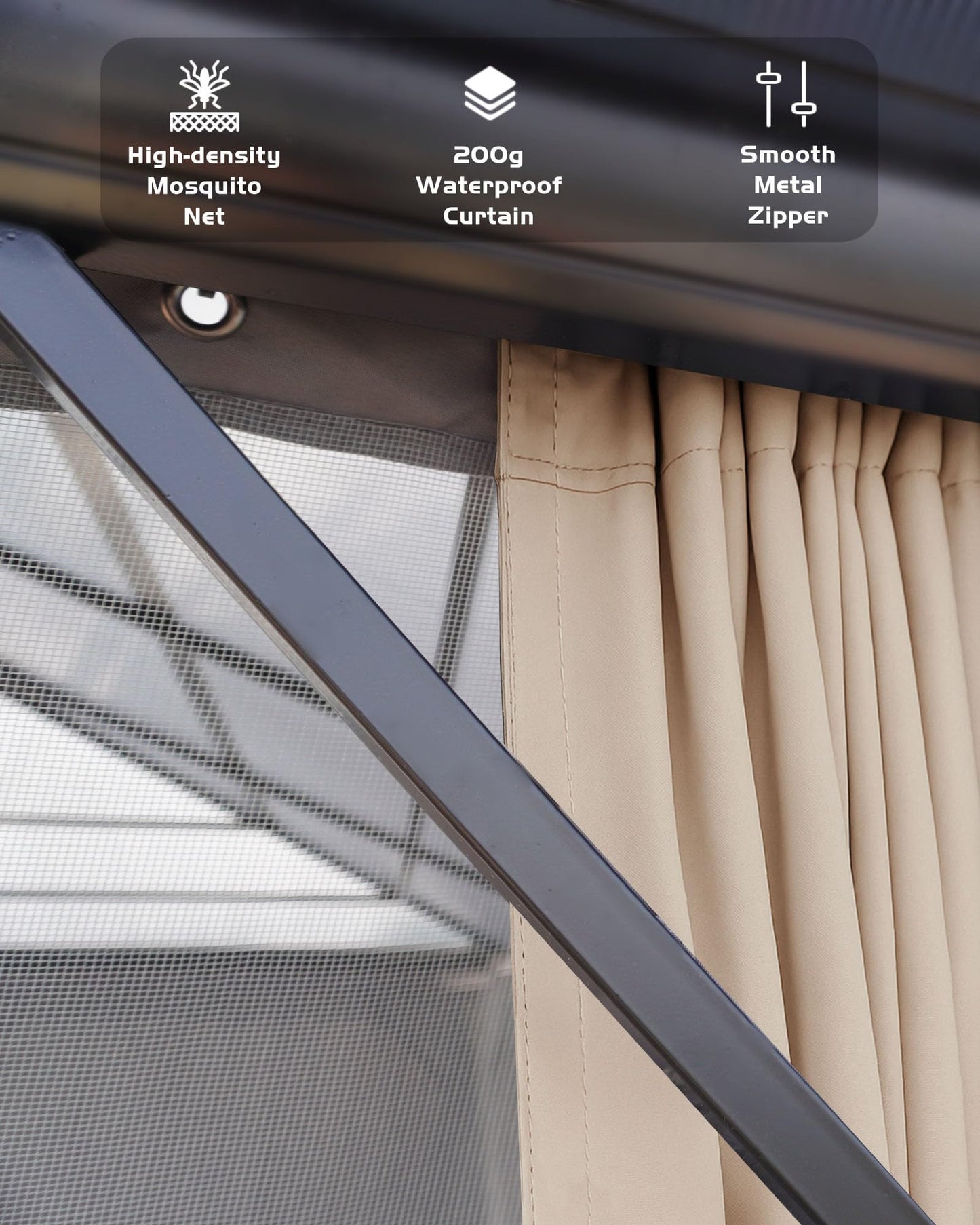 GarveeLife Hard top Gazebo 12 ft x16 ft for All Weather, Double Polycarbonate Sheets Roof, Aluminum Alloy Frame, Net, and Curtain, Permanent Building for Patio, Deck, Backyard, Lawn, and Garden