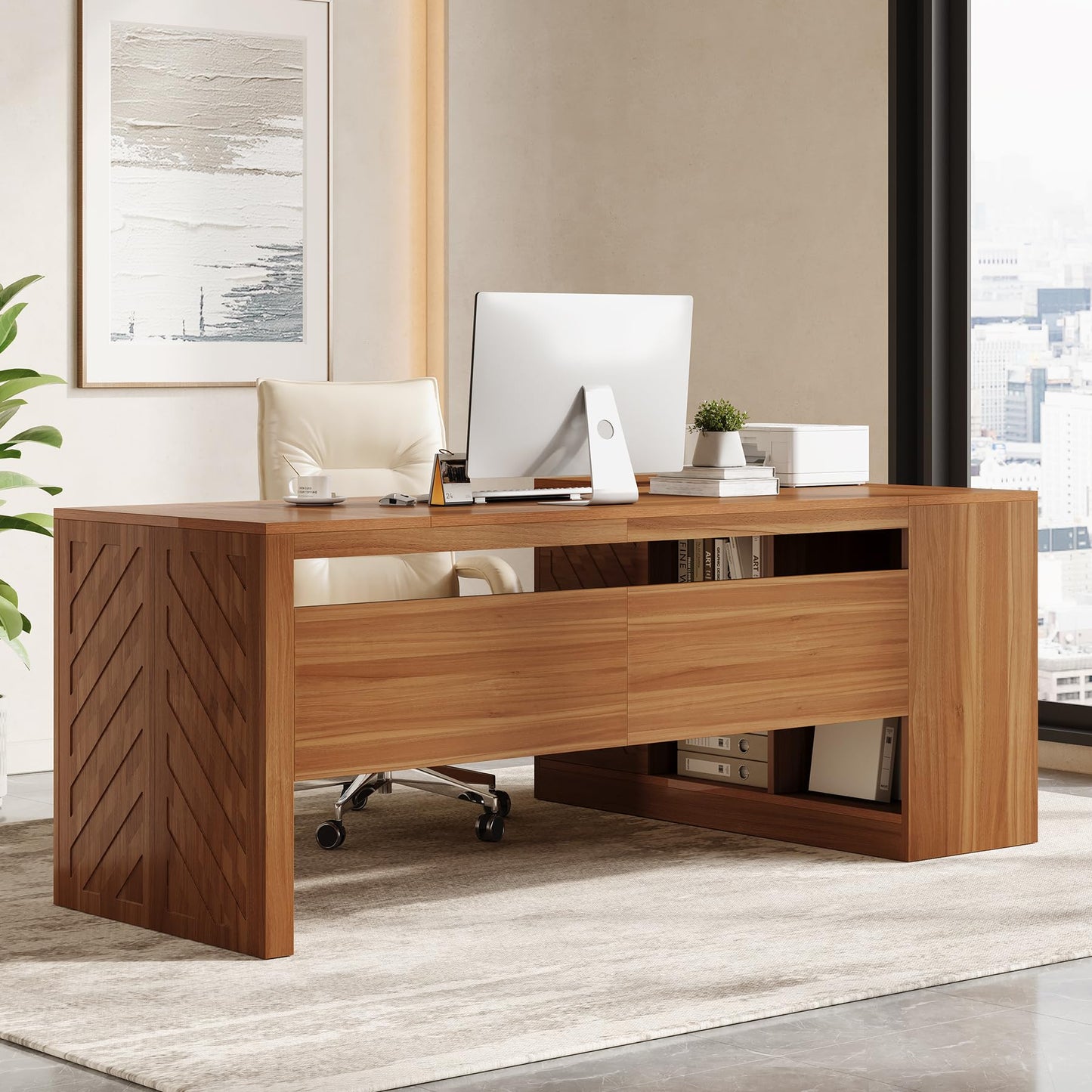 LITTLE TREE 78.7-Inch L-Shaped Executive Desk, Large Home Office Desk with 2 File Drawers and Storage Shelves (Warm Brown)