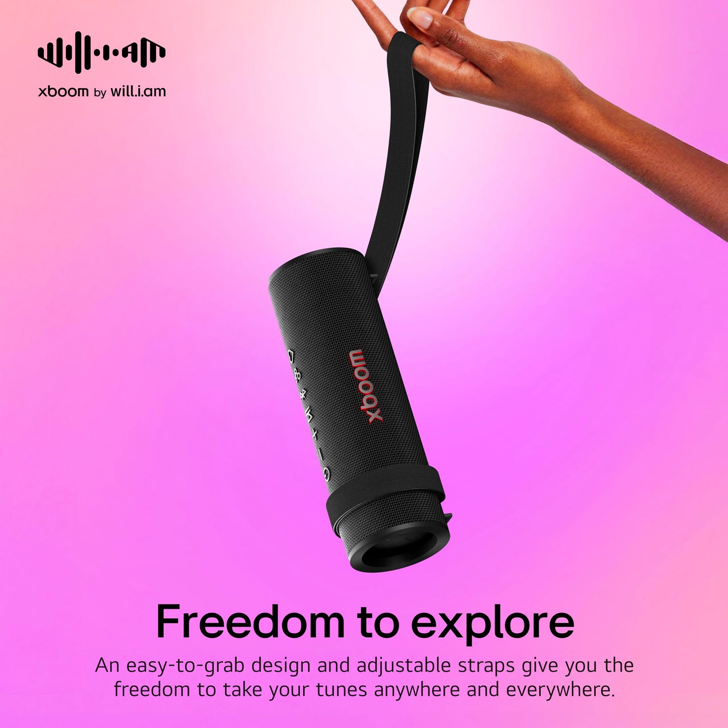 LG xboom Grab Core by will.i.am, Portable Outdoor Bluetooth Speaker for Sports and Athletes, up to 19 Hours, IP67 Dust and Water Resistant, Adjustable Carrying Straps. Perfect for Biking and Hiking