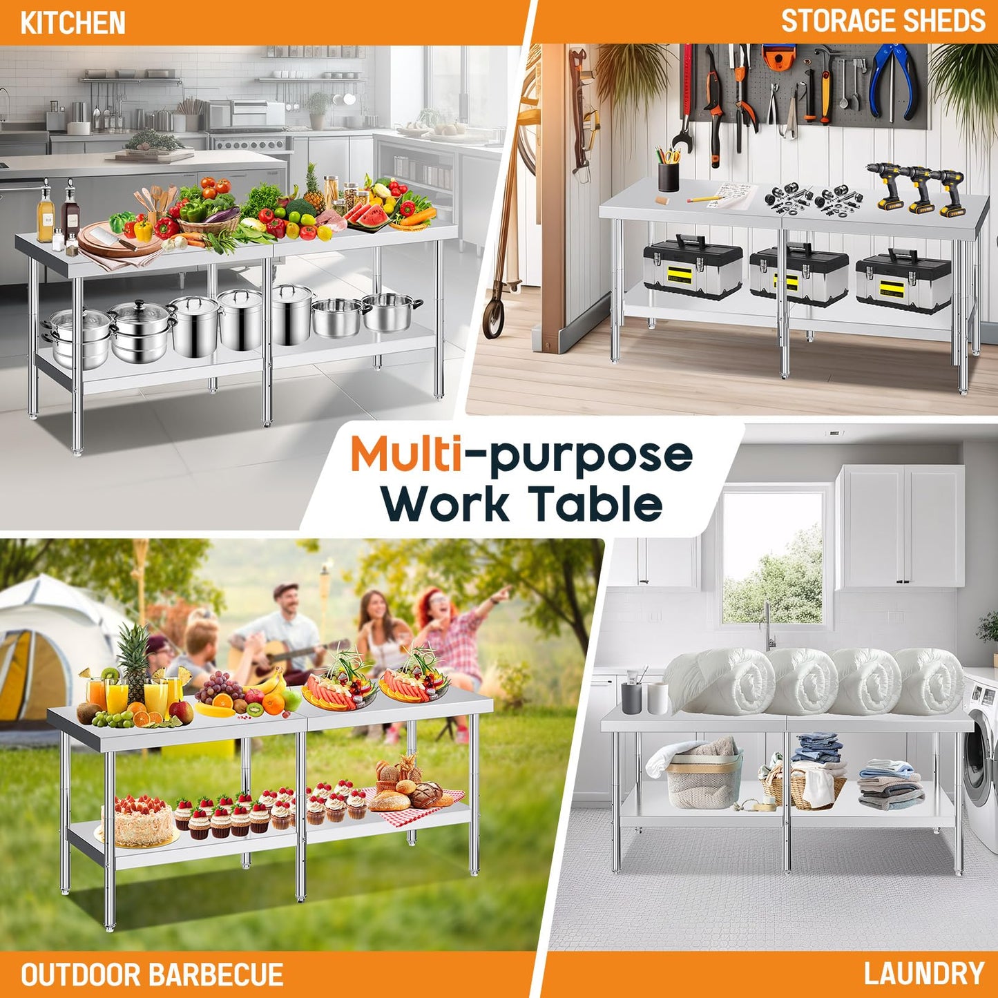 Jocisland 30" x 82" Stainless Steel Table for Prep & Work, NSF Certified Adjustable Under Shelf and Feet, for Commercial Kitchen, Restaurant, Hotel and Garage