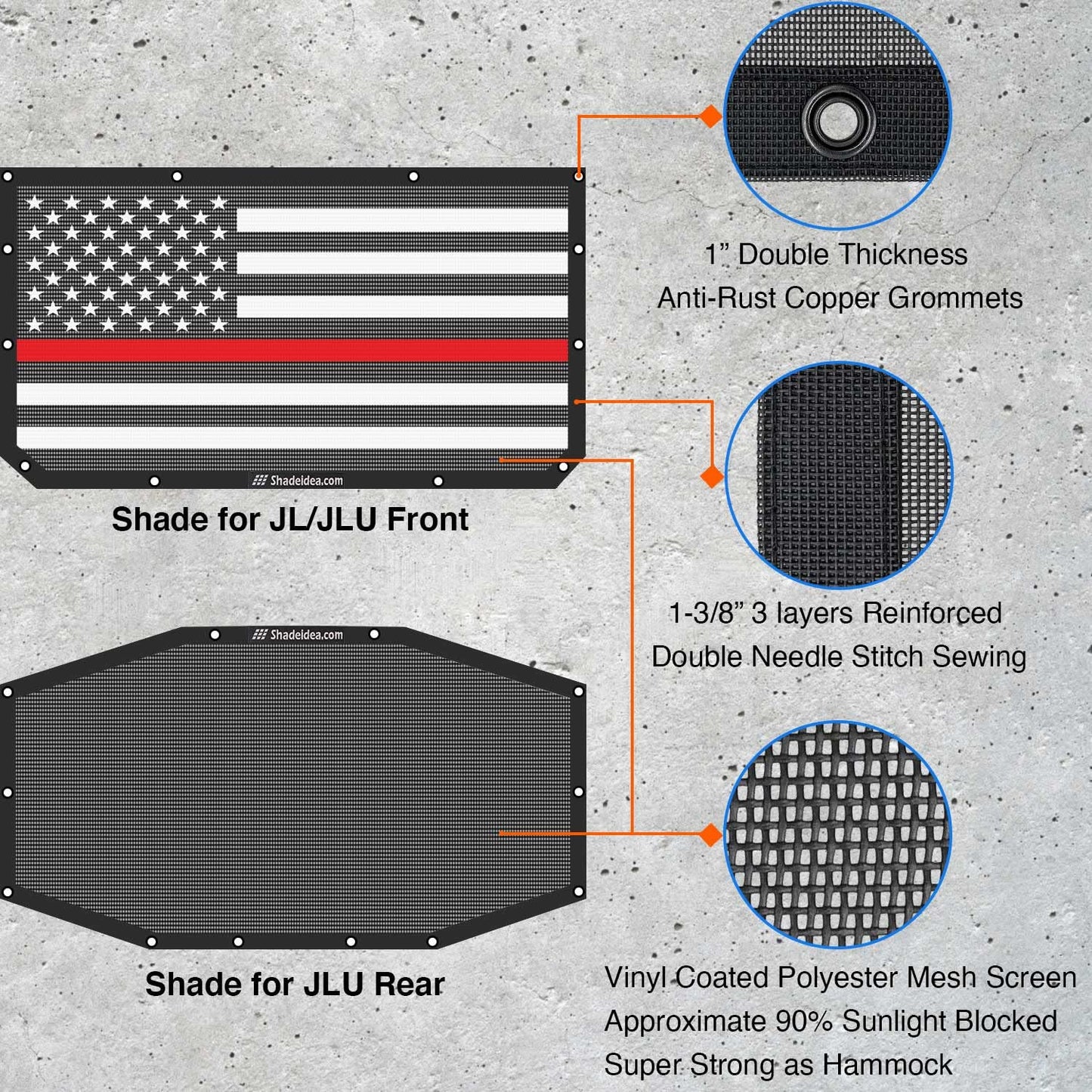 Shadeidea JL Top Sunshade Compatible with Jeep Wrangler JLU Sun Shade Top 4 Door Roof Mesh Screen Cover 2018-2023, Wind Noise UV Blocker -10 Year Warranty -Thin Red Line Flag -Front+Rear (2 pcs)