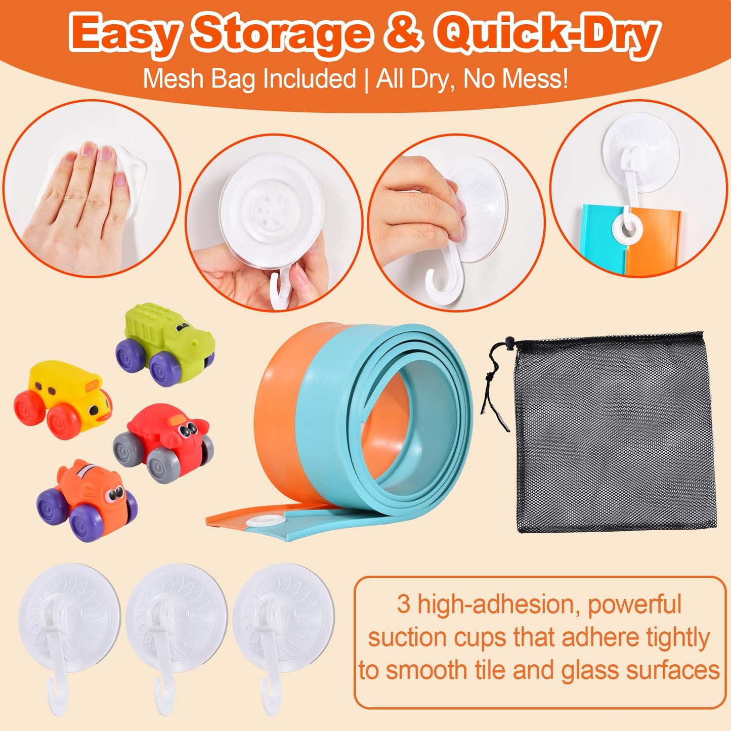 5 Ft Race Car Bath Toy Set, Toddler Bath Toys, Race car Set for Kids Ages 3+, Bathtub Time Birthday Gift for Boys & Girls, Including Mesh Storage Bag and 3 Suction Cup (Orange)