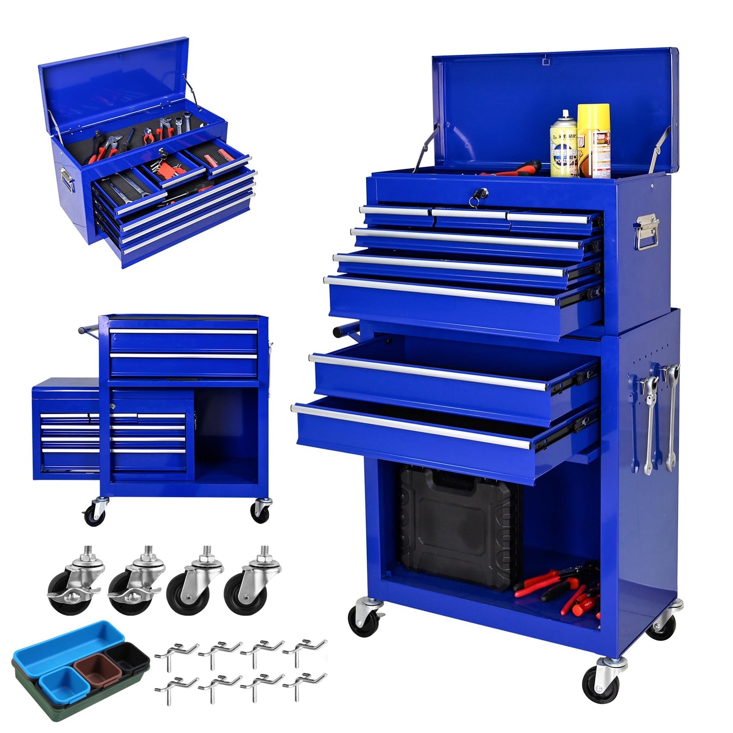EcoExplorer 8-Drawer Rolling Tool Chest with Wheels & Detachable Top, Heavy-Duty Steel Toolbox for Garage, Workshop, or Warehouse, Includes Lockable Drawers, Hooks, Tray Dividers & Protective Liners