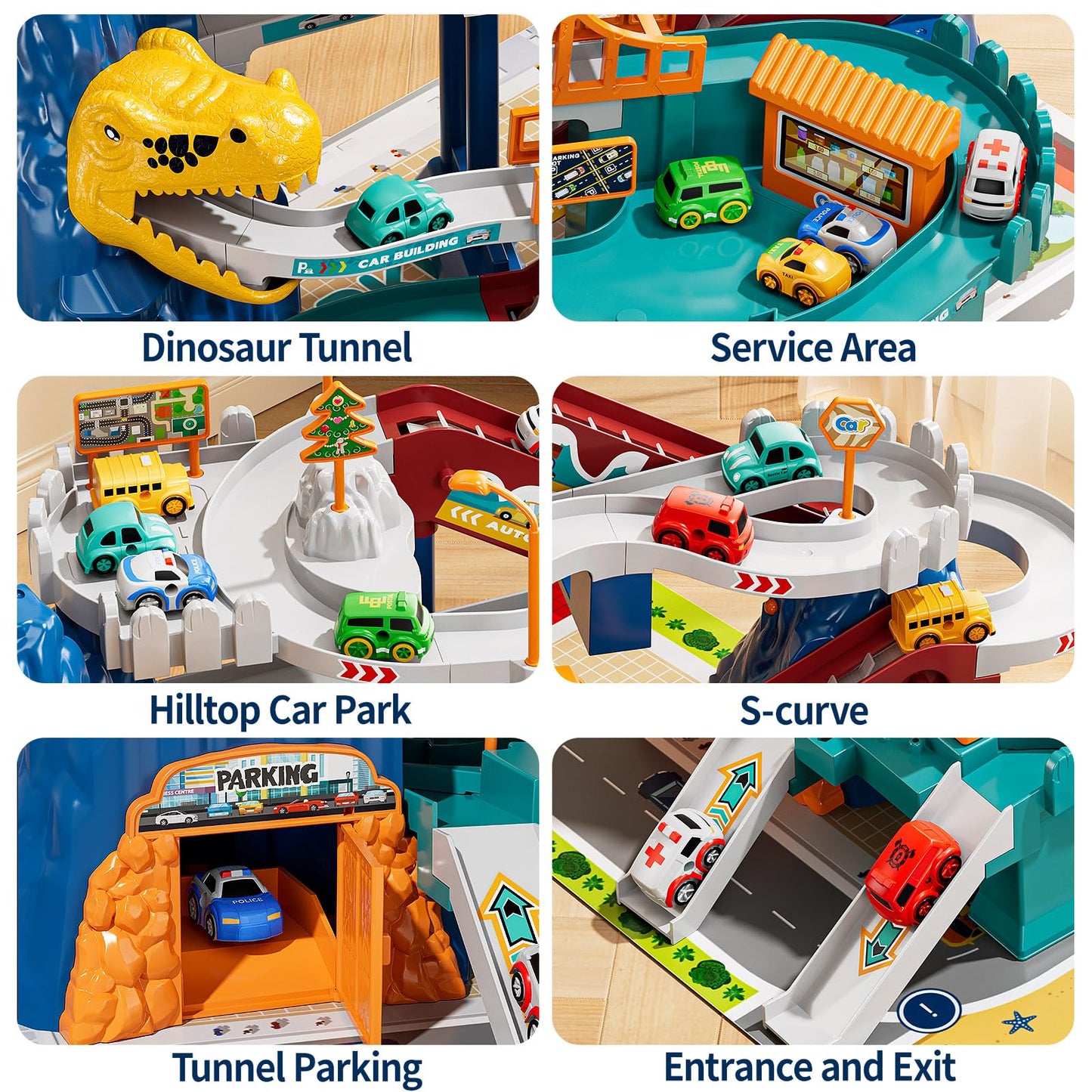 NIPLOOOW Dinosaur Race Track Playset for Boys Kids 3-5, Dinosaur Climbing Hills Car Track Play Set with 10 Mini Racer Cars, Kids Car Ramp Track Toys for 3 4 5 6 7 8 Year Old Boys Girls