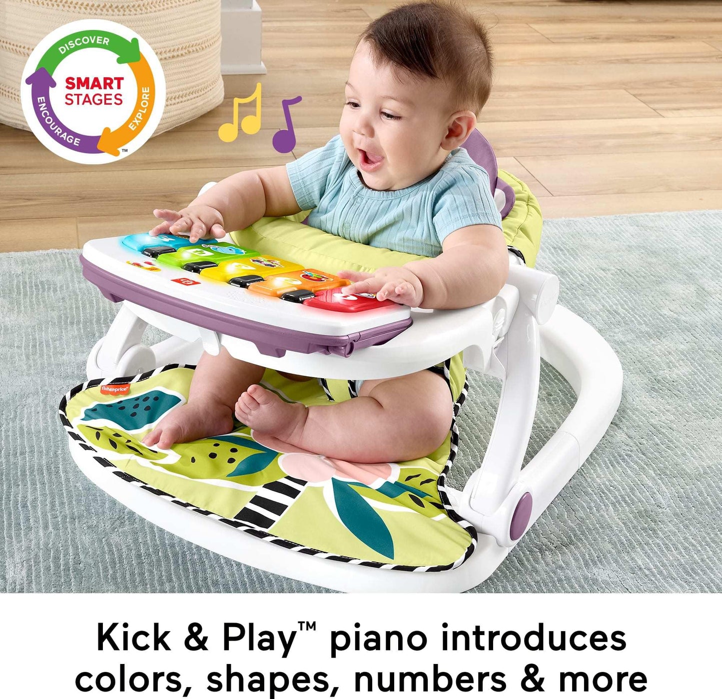 Fisher-Price Portable Baby Chair Kick & Play Deluxe Sit-Me-Up Seat with Piano Learning Toy & Tray for Infants to Toddlers, Purple Monkey