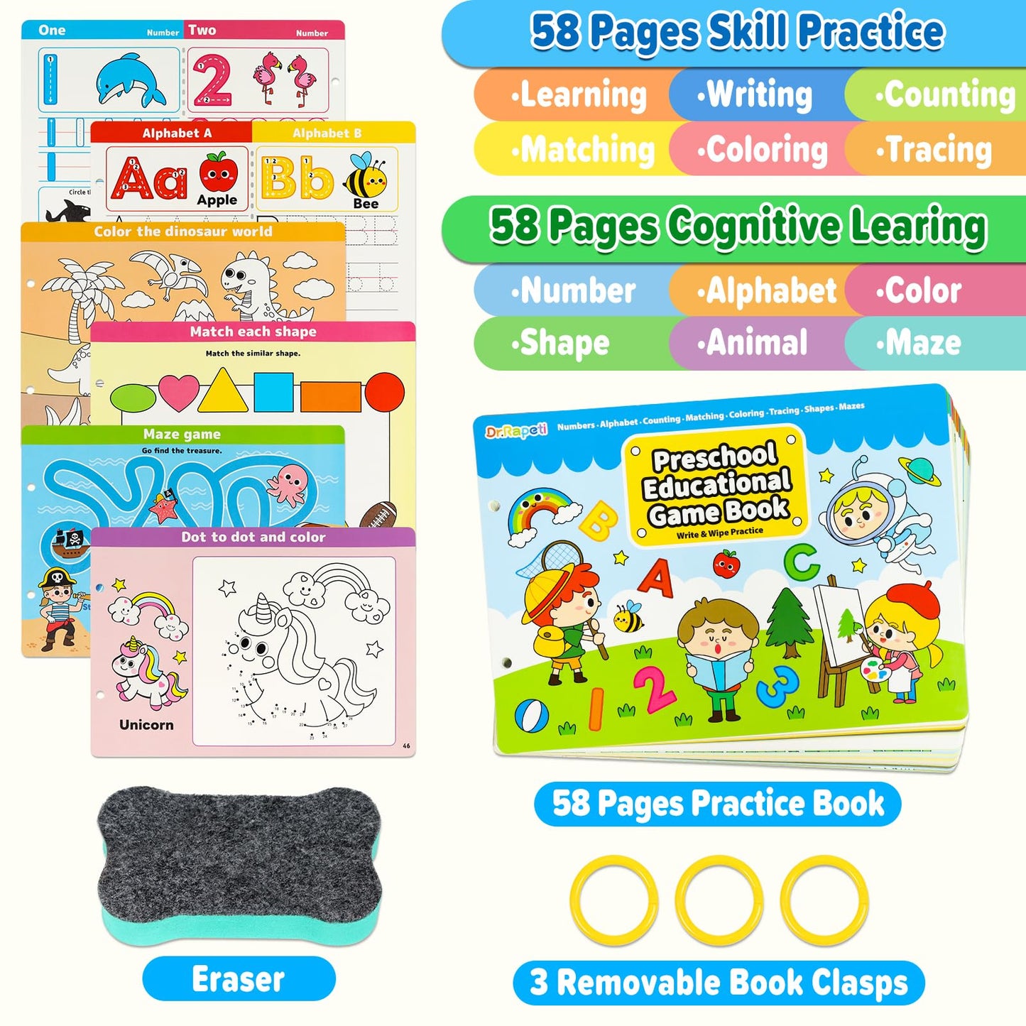 Dr.Rapeti Preschool Learning Activities Educational Workbook Busy Book 58 Pages Prek Montessori Handwriting Practice Activity Tracing Toy Early Learning Toy for Kids Toddlers for 3 years+