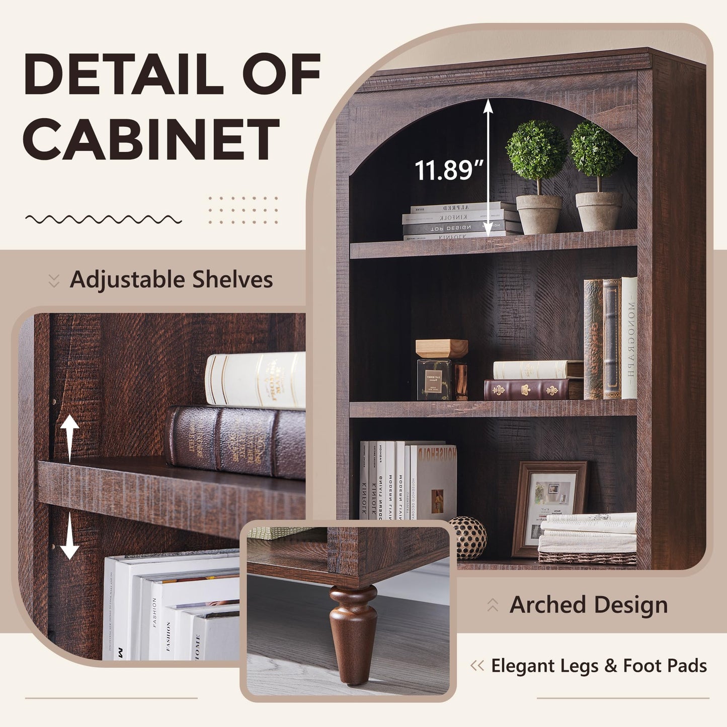 IFGET 76" Tall Arched Bookcase, Farmhouse 5 Tiers Large Arched Bookshelf Cabinet with Adjustable Shelves, Modern Wooden Book Shelf w/Storage and Open Display Shelves for Living Room, Office-Brown