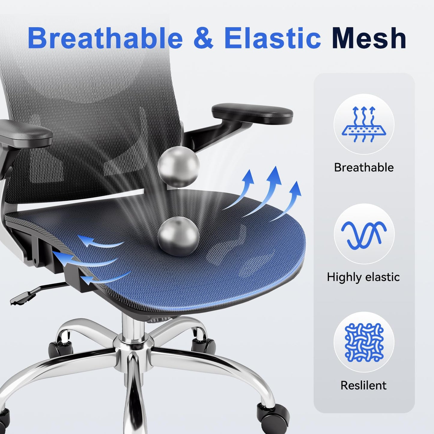 marrap Ergonomic Office Chair, Mesh Seat Cushion with 3D Armrests and 3D Headrest, Adjustable Lumbar Support with 90-120° Rocking Function, SGS Class 4 Gas Clylinder, Black