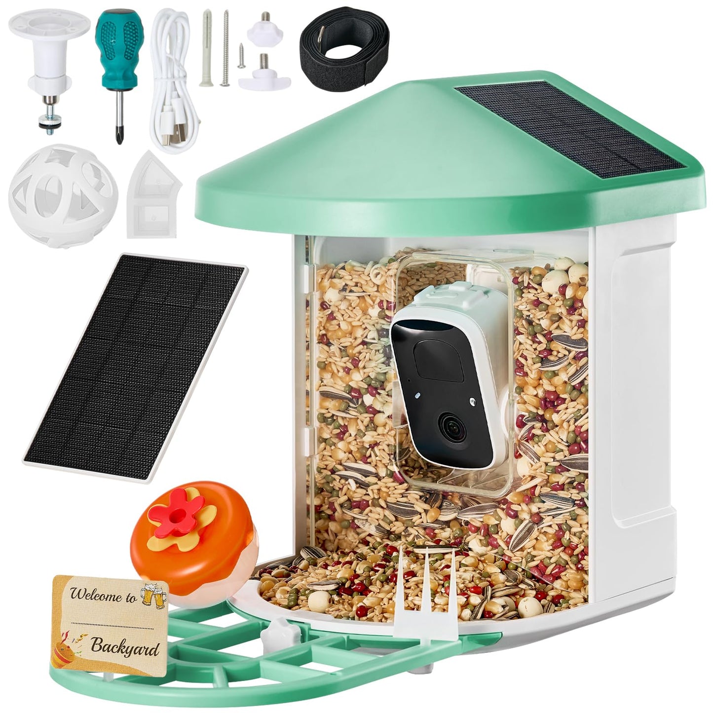 Happybuy Smart Bird Feeder with Camera,2K HD AI Identify 10000+ Bird Species,Solar-Powered Bird Watching Camera with Auto Capture & Instant Notify,Wireless Outdoor Gift for Bird Lover (3 Solar Panels)