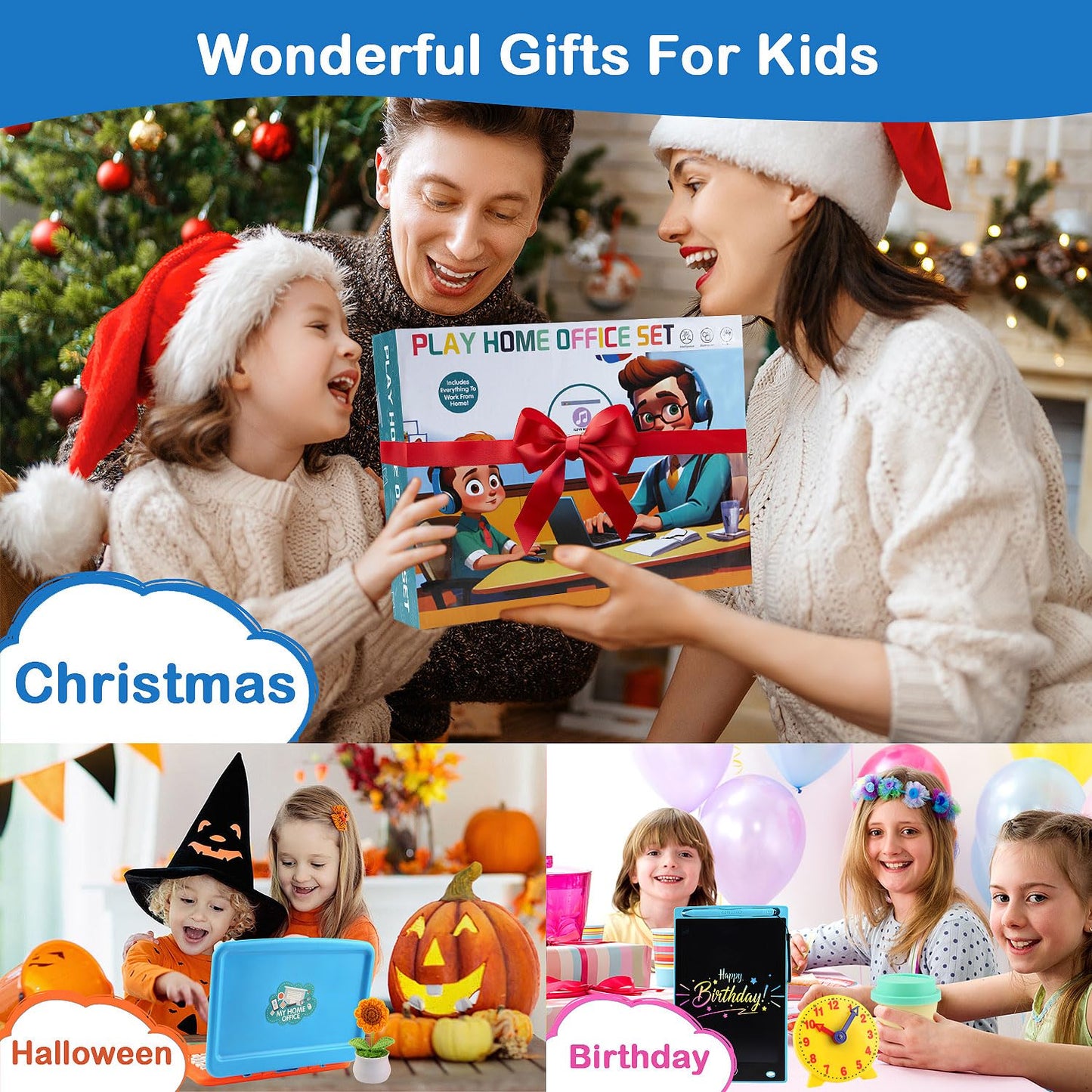 Pretend Play Home Office Set for Kids, Features Toy Laptop Computer, LCD Writing Tablet, Toy Phone, Headset, Sunflower & Coffee Cup, Toys Gifts for Boys Girls Age 3-5-7