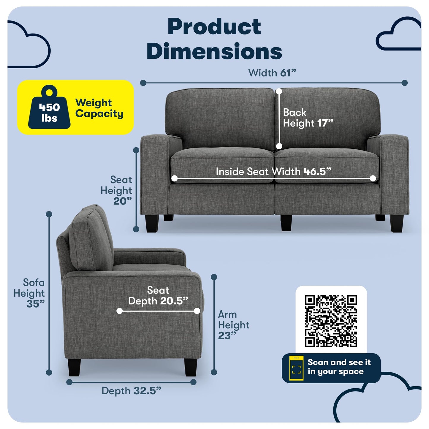 Serta Palisades 61" Track Arm Sofa, Easy Care Polyester, Soft Pillow Back, Pocket Coil Seat Cushions, Removable Covers, Loveseat or Couch for Small Spaces, Living Rooms or Bedrooms, Gray