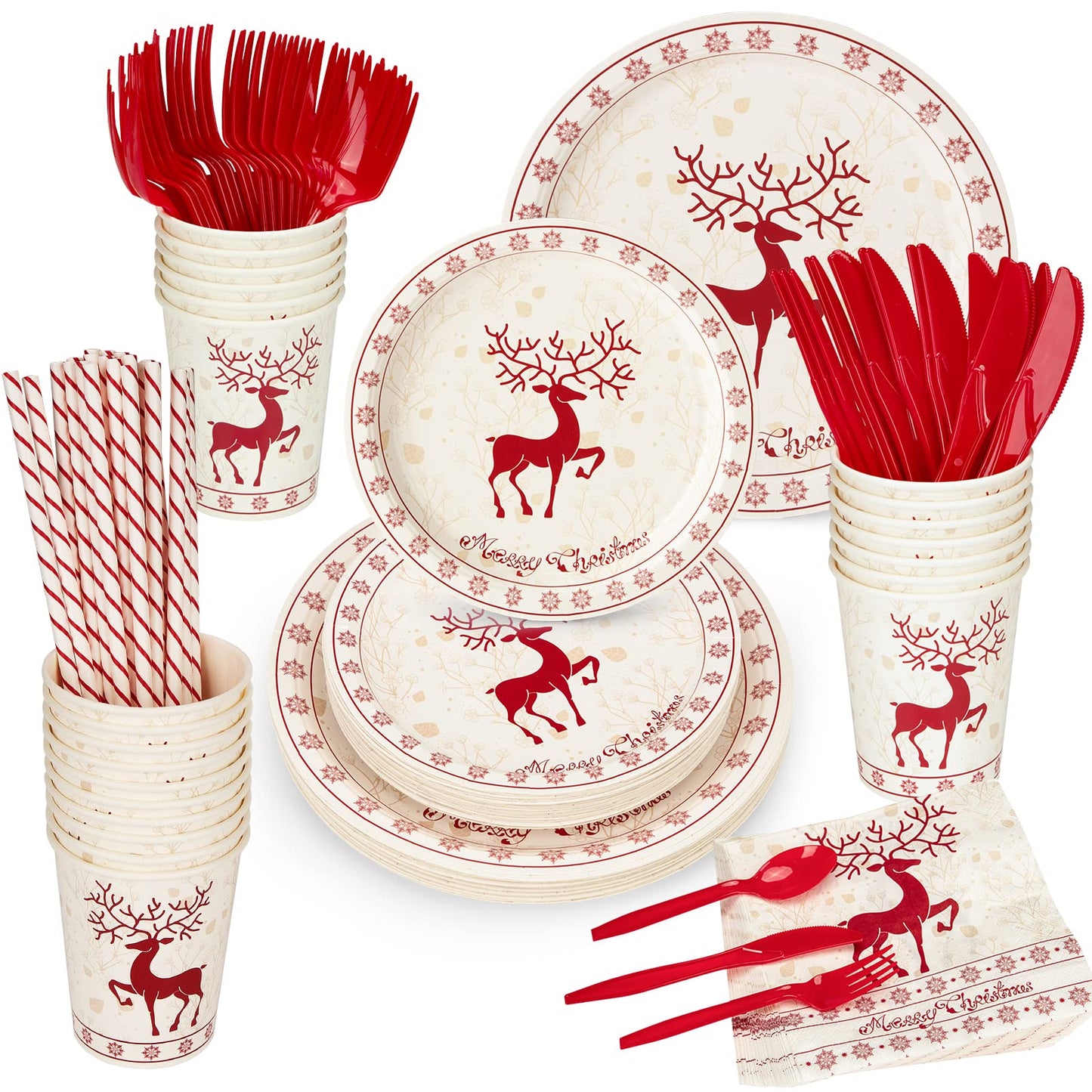 215 Pcs Christmas Plates and Napkins Set Serve 25, Christmas Elk Disposable Tableware Set, Christmas Decorations Includes Plates, Cups, Napkins, Christmas Tableware