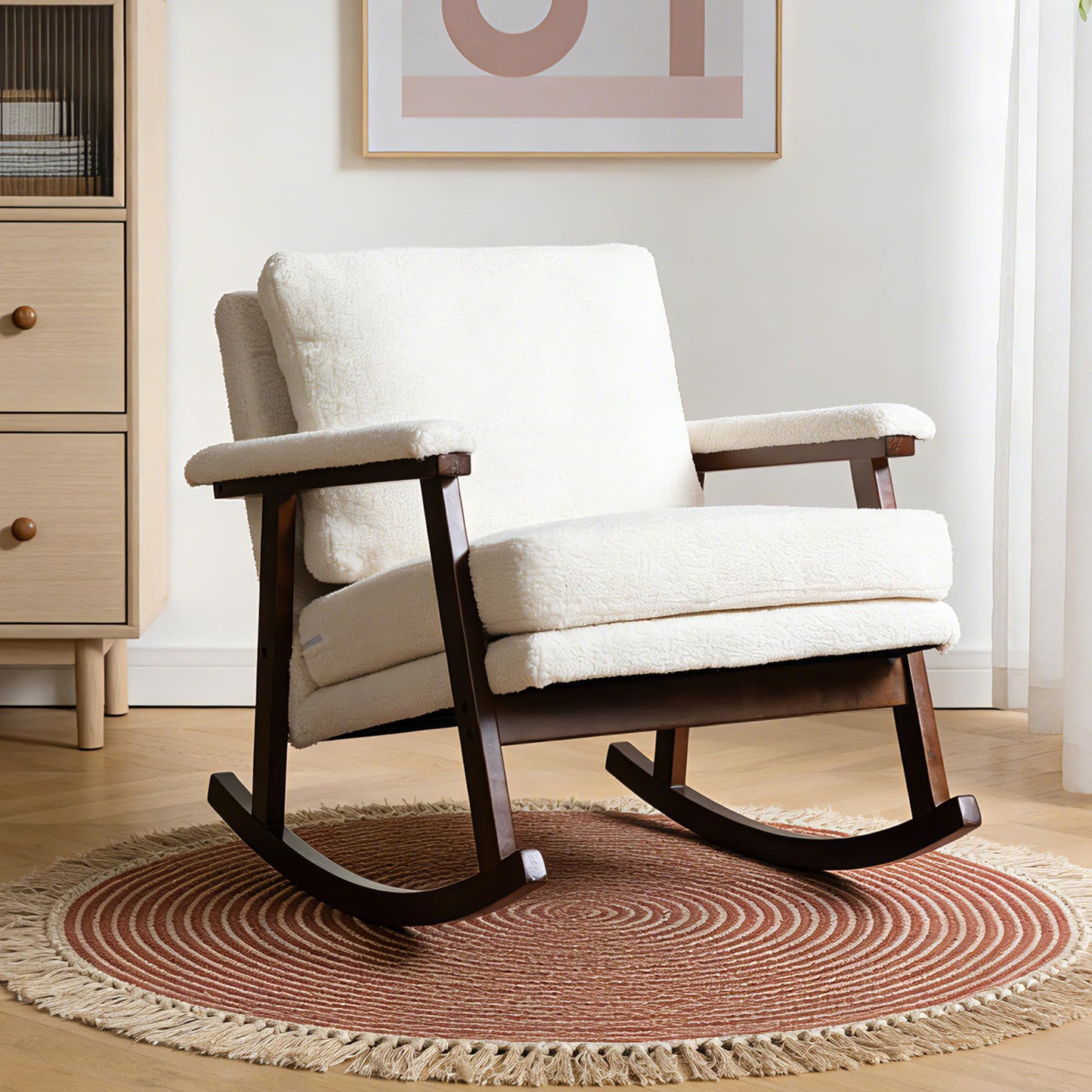 WakeZero Rocking Accent Chair, Nursery Upholstered Glider Cozy Small Rocker Rocking Chair for Adult, Comfy Side Modern Arm Chair for Living Room/Bedroom/Offices/Balcony-White