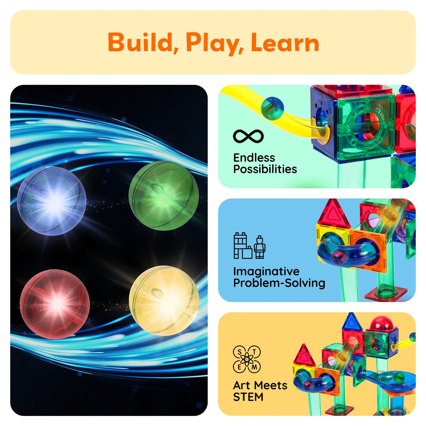 PicassoTiles Motion Activated Marbles 4pc LED Light-Up Glow in The Dark Translucent Balls for Marble Run Race Racetrack Maze Magnetic Construction Magnet Tiles Building Block STEM Education Kids Toys