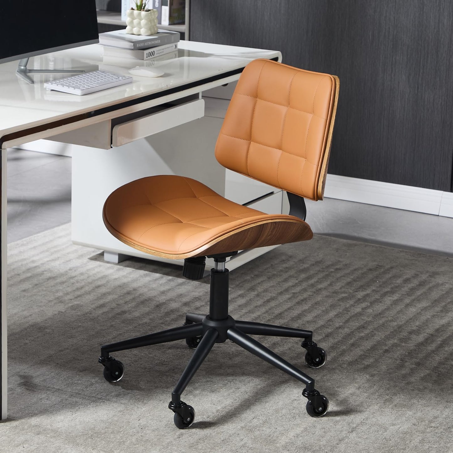 BERYTH Home Office Desk Chair with Wheels, Adjustable Height Armless Office Chair, PU Leather Mid Back 360° Small Computer Chair, Modern Walnut Chair No Arms for Office, Reading Meeting Room(Brown)