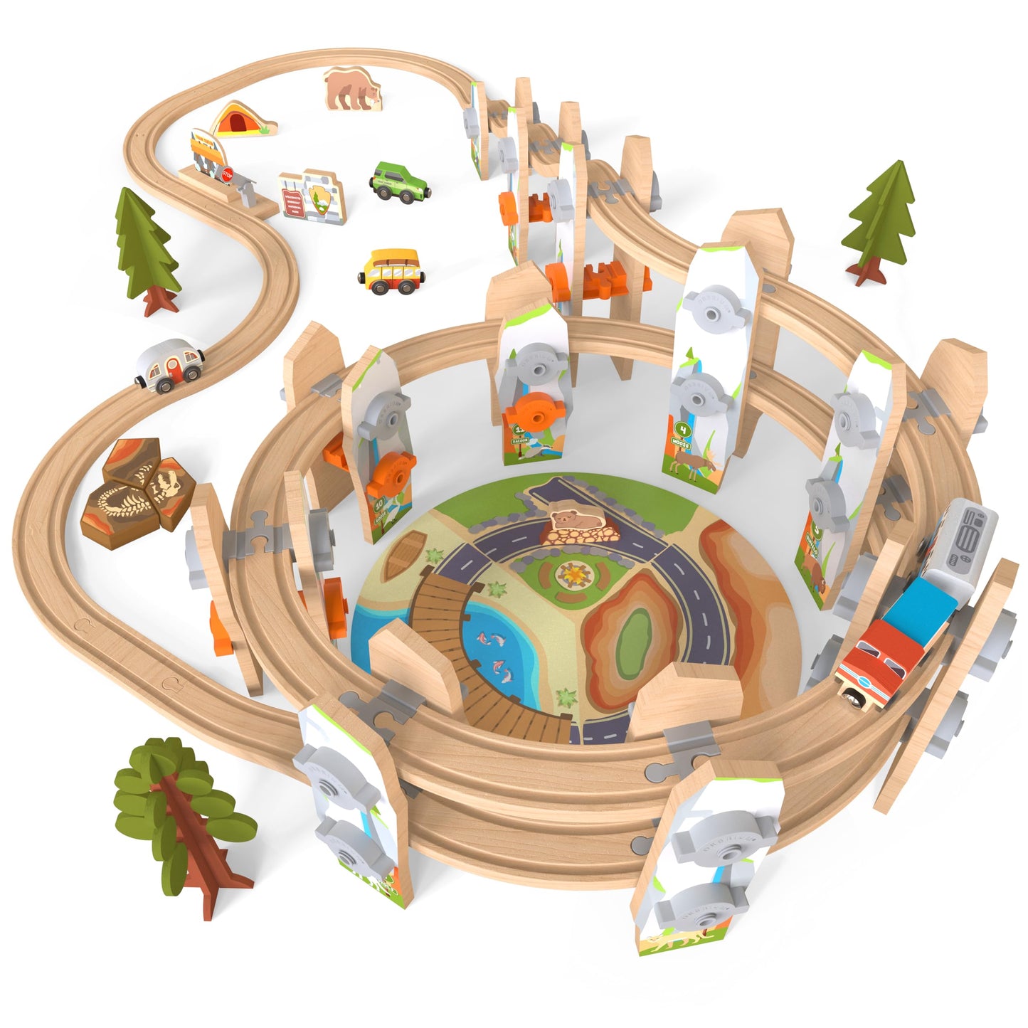 Wooden Train Set 141 Pc Build and Play Elevated Track System STEAM Accredited National Park Animal Railway Multi Level Spiral STEM Toy Gift for Grandkids Kids Toddlers Compatible Thomas Brio Railway