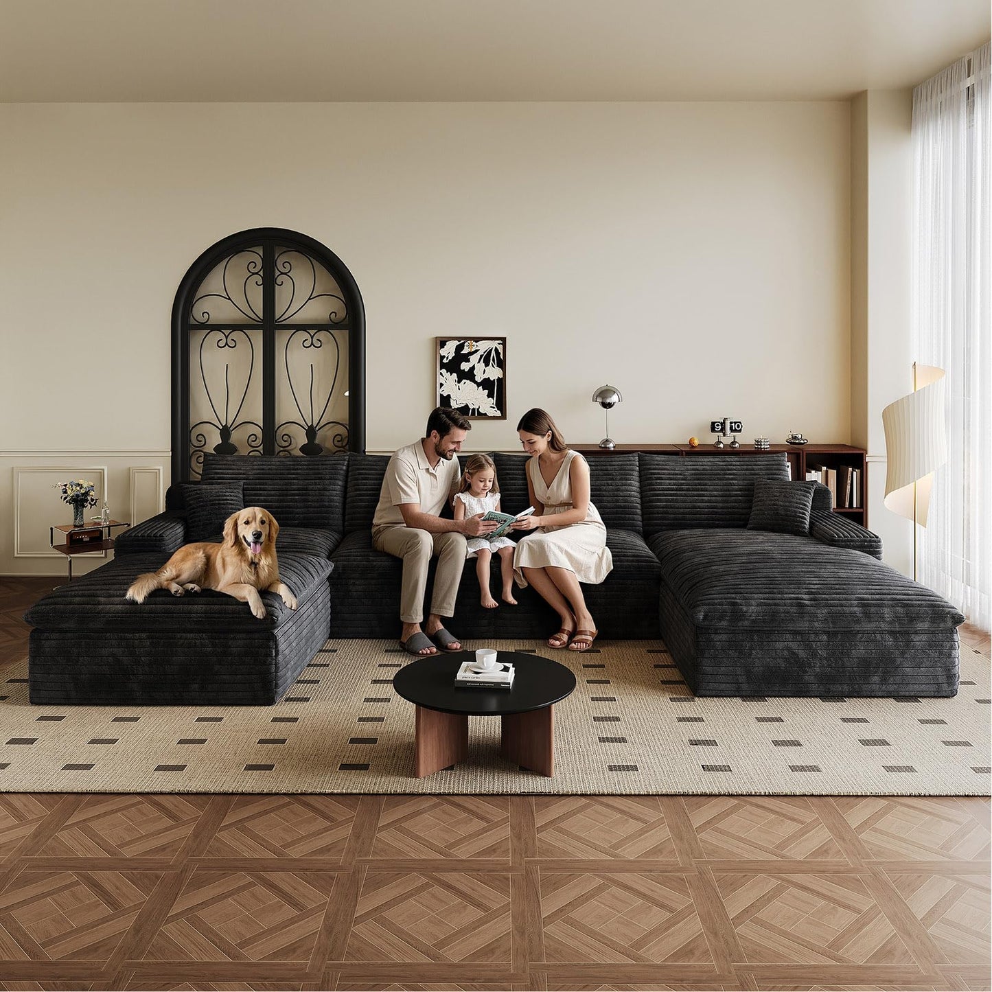 136" Cloud Sectional Couch U-Shaped Chaise with Ottoman, Corduroy Boneless Couch for Living Room Bedroom, Deep-Seat Upholstered Modular Cloud Sofa, No Assembly Required (Black, Right Facing Chaise)